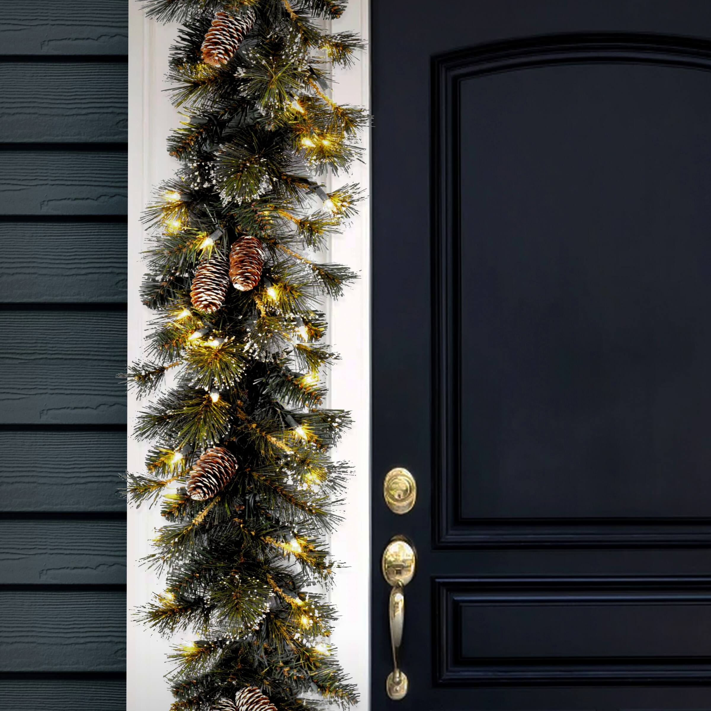 9' x 10" Pre-lit Glitter Artificial Christmas Pine Garland with Cones, Snowflakes and 100 Clear Lights