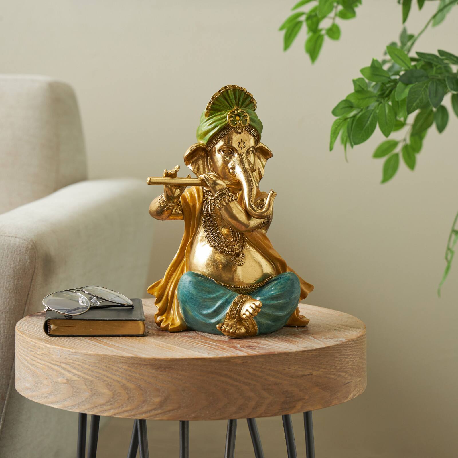 11" Gold Resin Ganesh Musician Decorative Sculpture