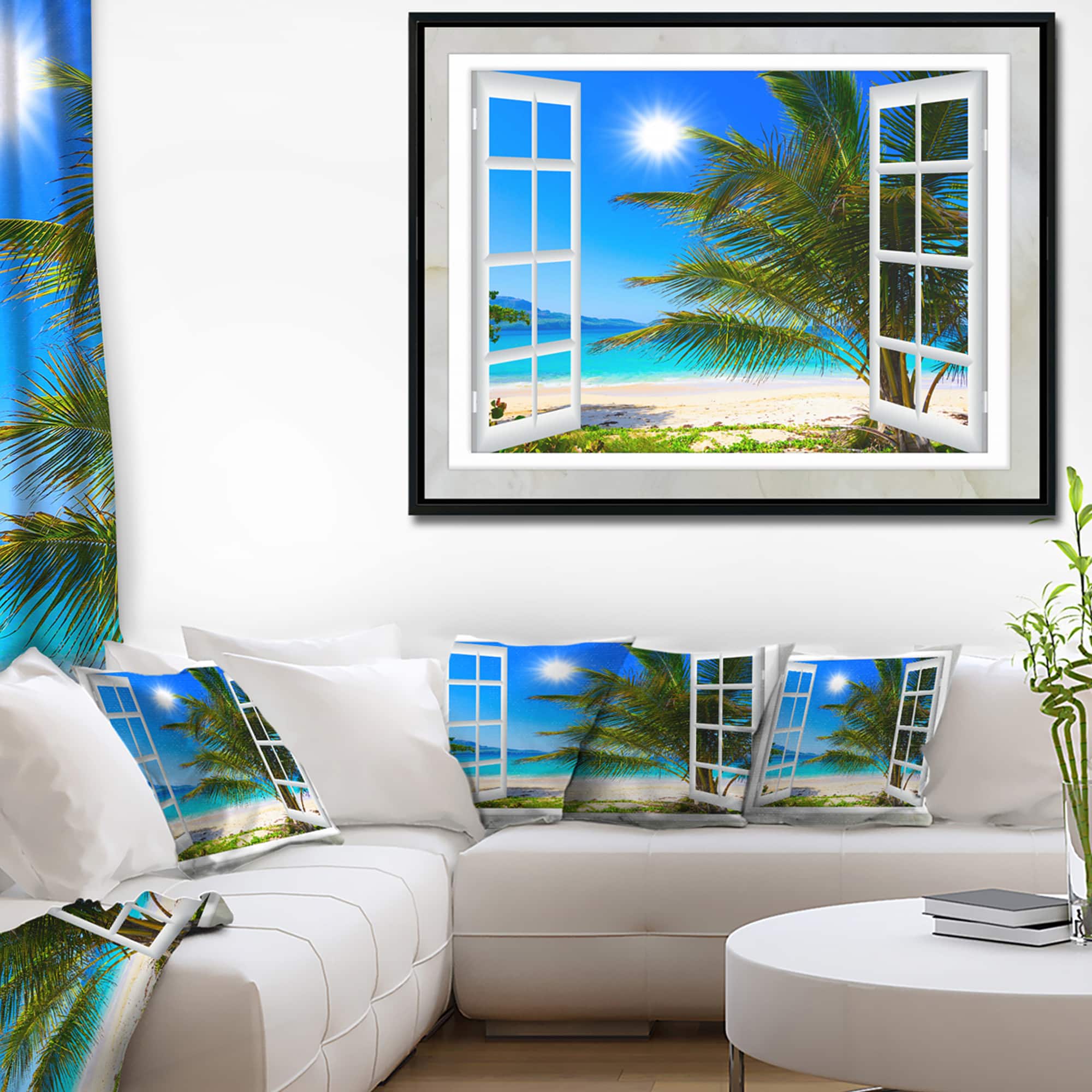 Designart - Window Open to Beach with Palm - Extra Large Seashore Framed Canvas Art