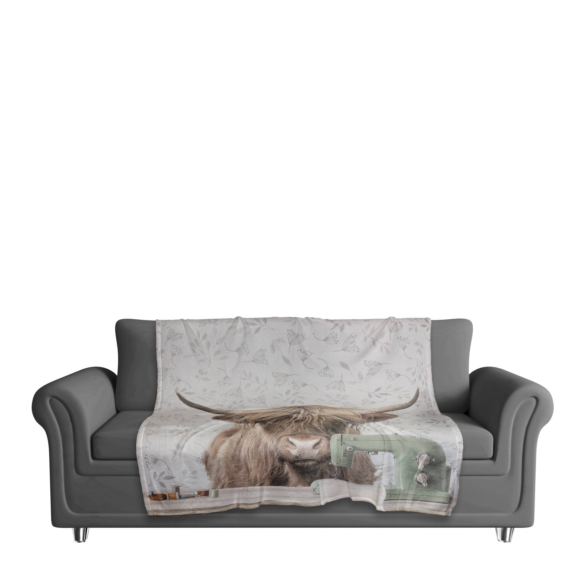 50" x 60" Cow at Desk Sewing Coral Fleece Blanket