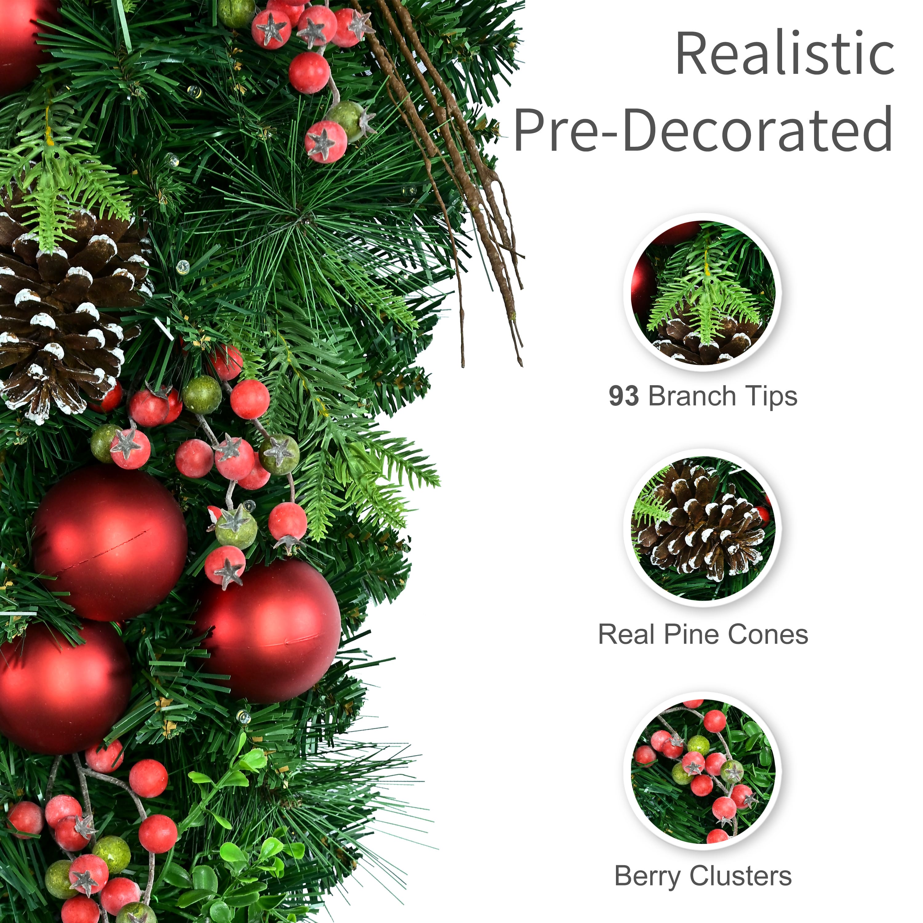 Puleo International 28" Pre-Lit Ornaments, Pinecones & Red Berries Artificial Teardrop Swag
