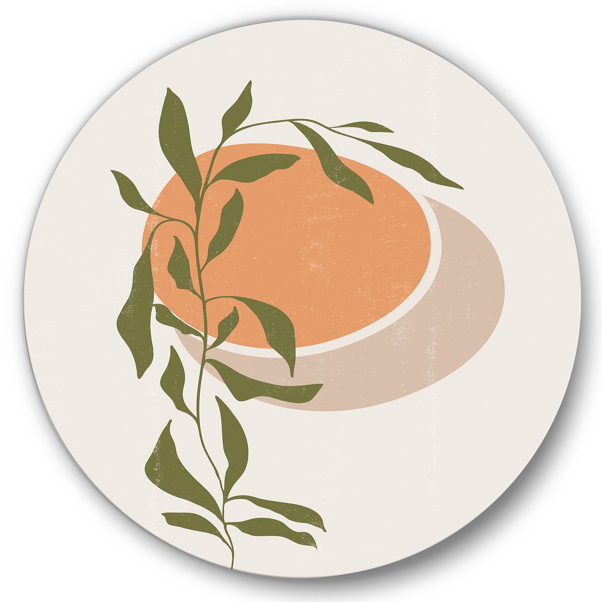 Designart - Abstract Orange Sun and Moon With Tropical Leaf - Modern Metal Circle Wall Art