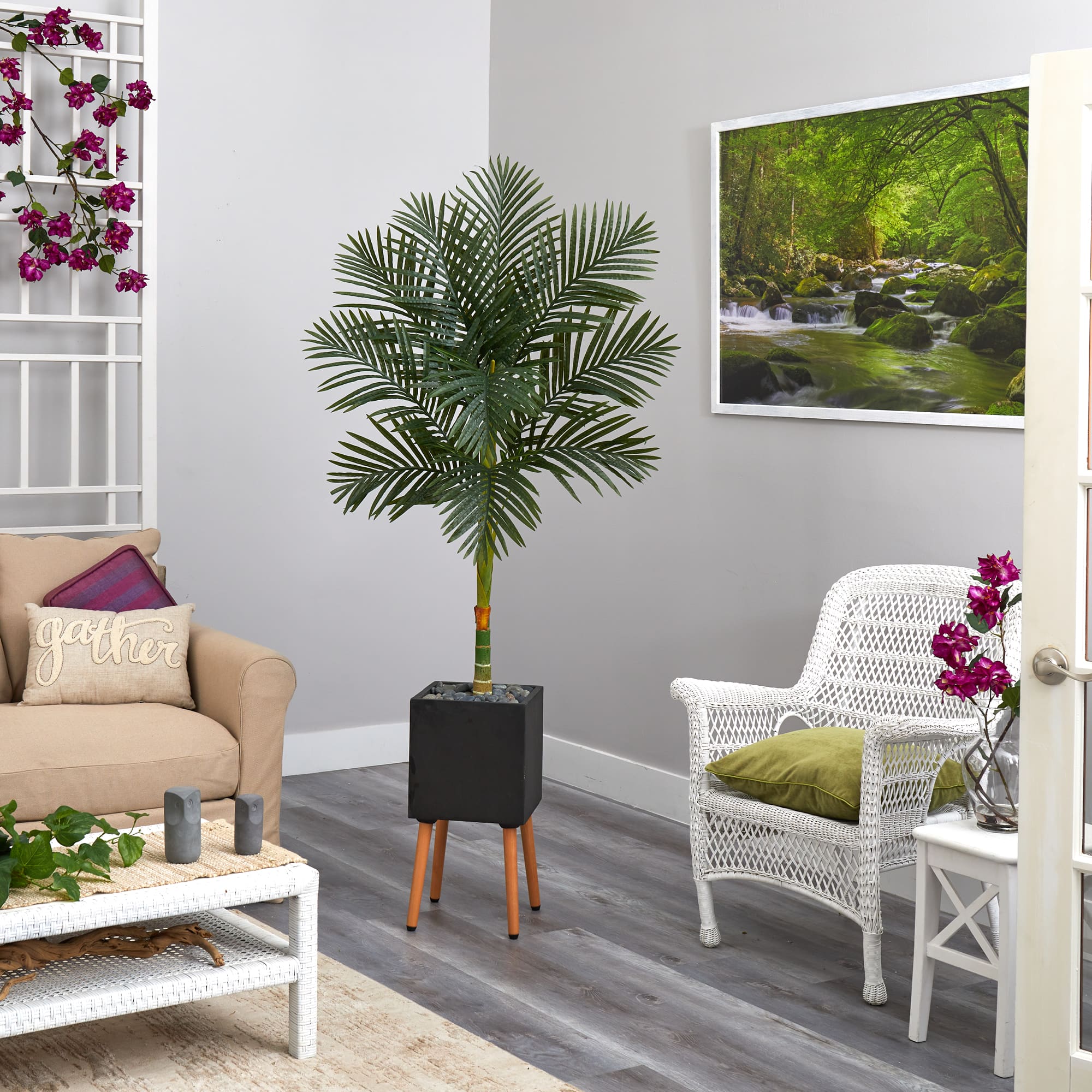 6ft. Golden Cane Palm Tree in Black Planter with Stand