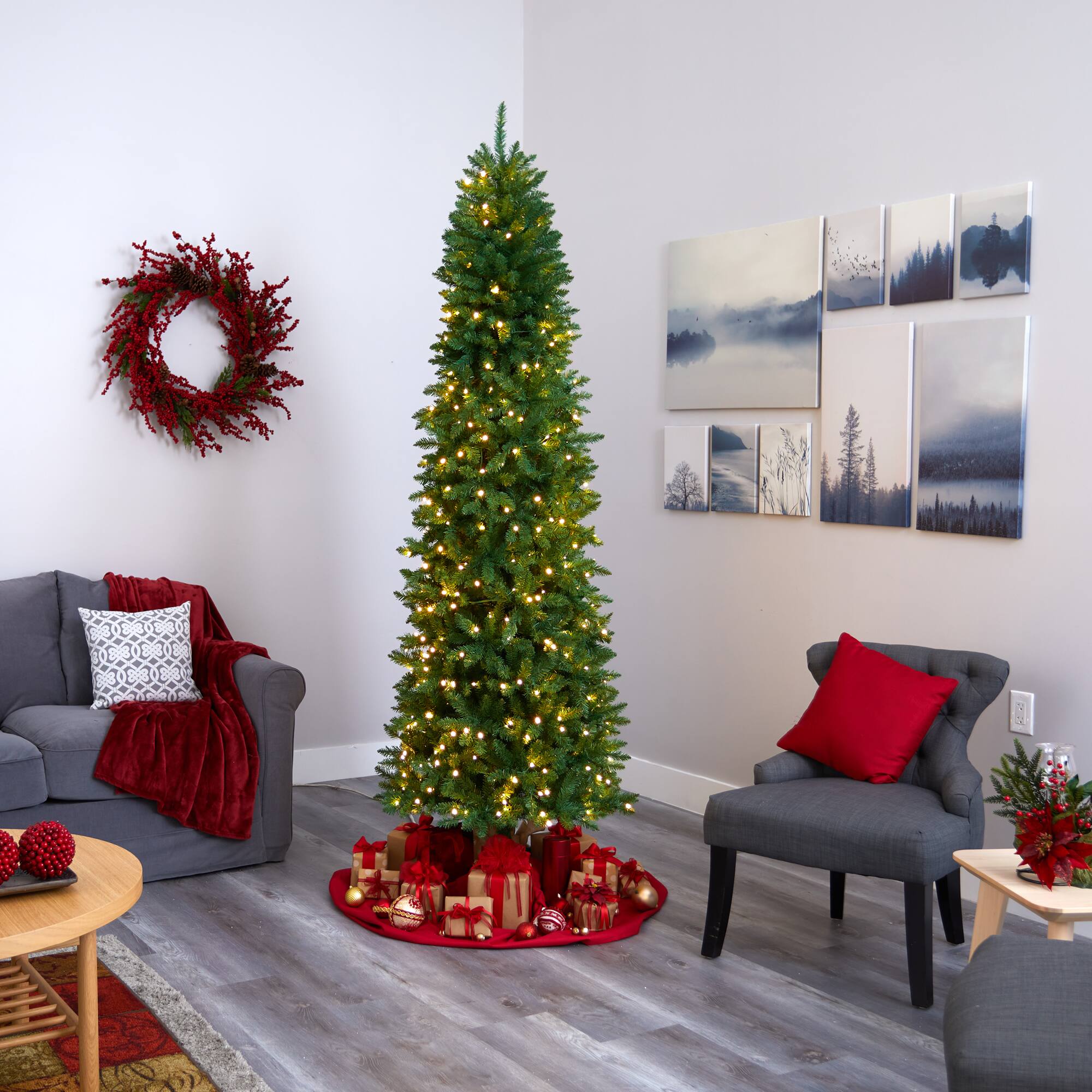 8ft. Pre-Lit Green Mountain Pine Artificial Christmas Tree, Clear LED Lights