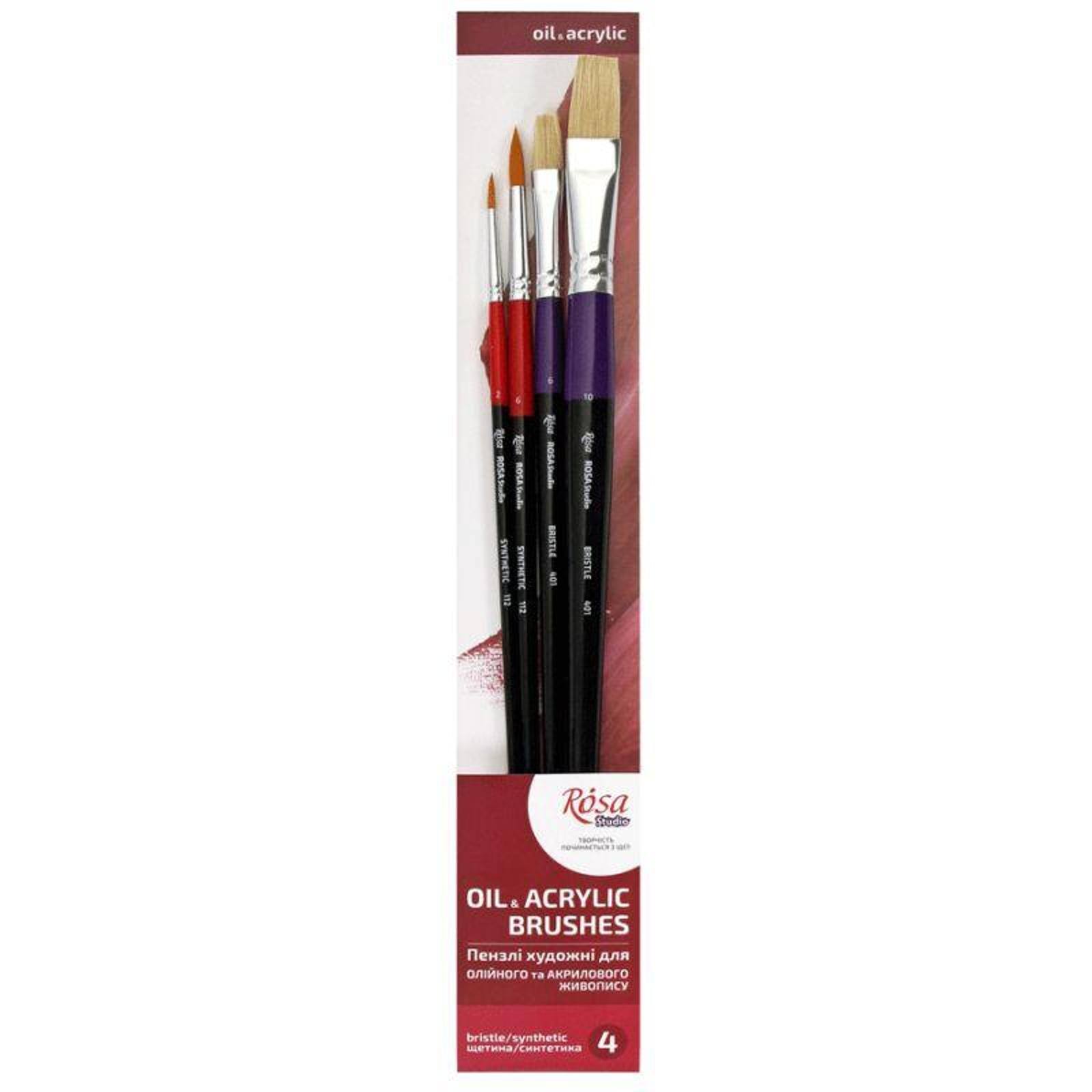 Rosa Studio 4 Piece Long Handle Synthetic Bristle Round & Flat Paint Brushes Set 24