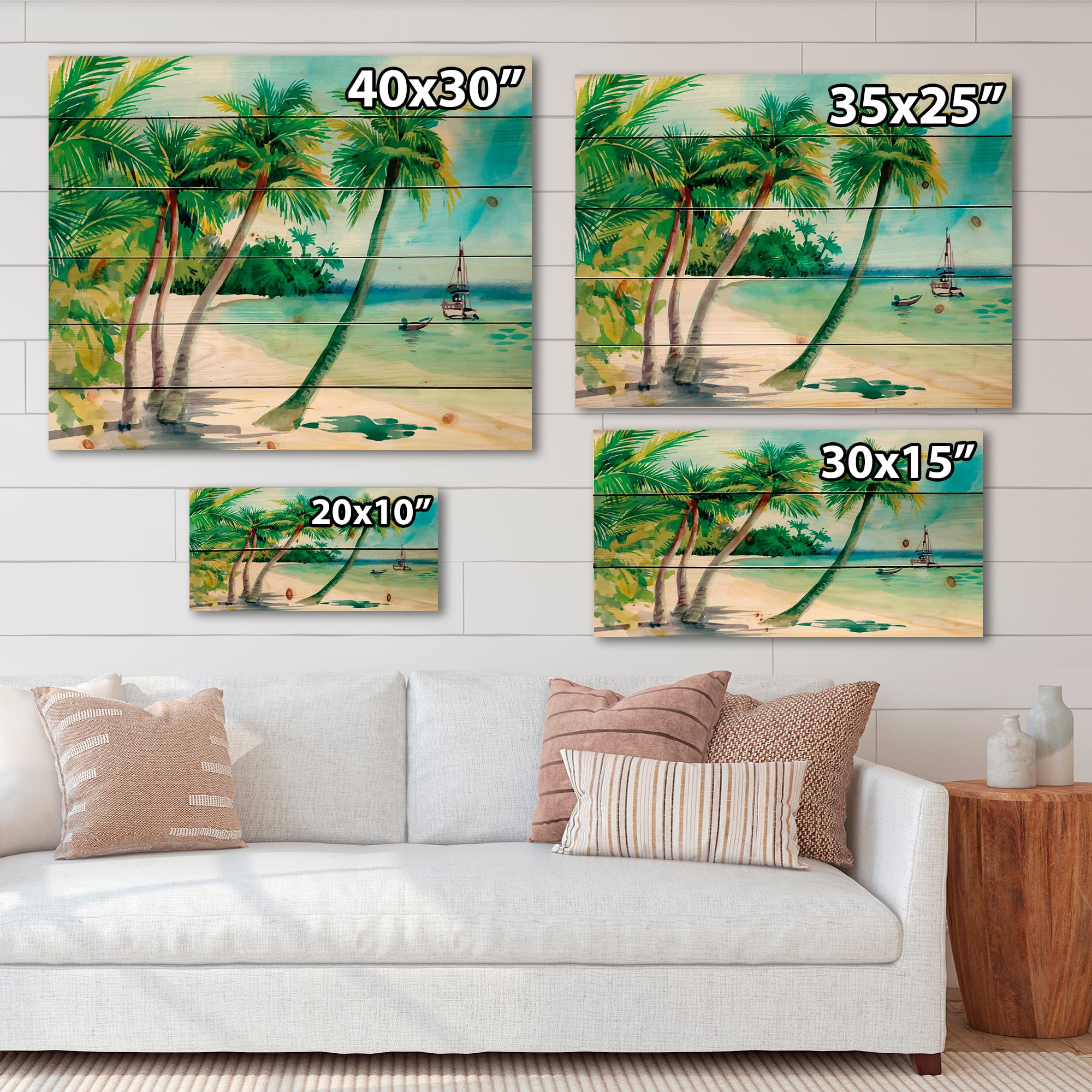 Designart - Summer Beach With Palm Trees - Nautical & Coastal Print on Natural Pine Wood