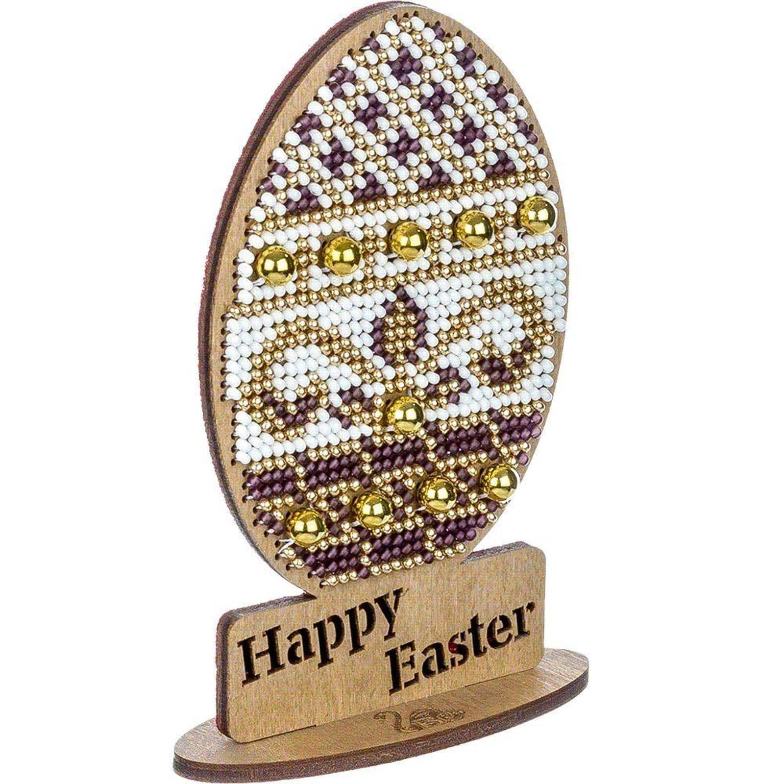 Wonderland Crafts Purple, White & Gold Happy Easter Egg Bead Embroidery on Wood Kit