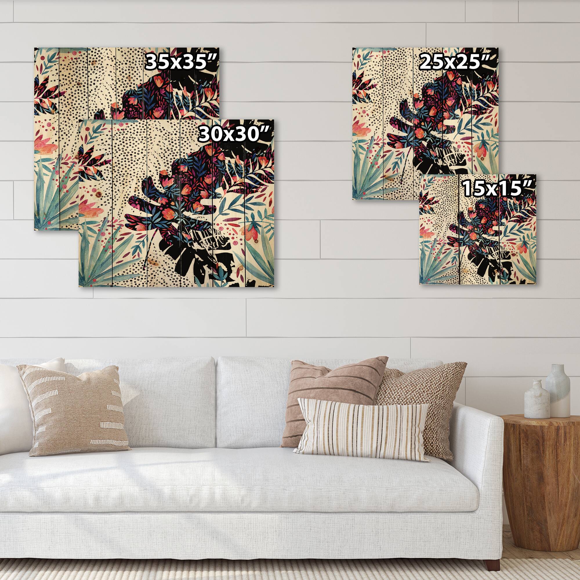 Designart - Tropical Floral Patchwork I - Tropical Print on Natural Pine Wood