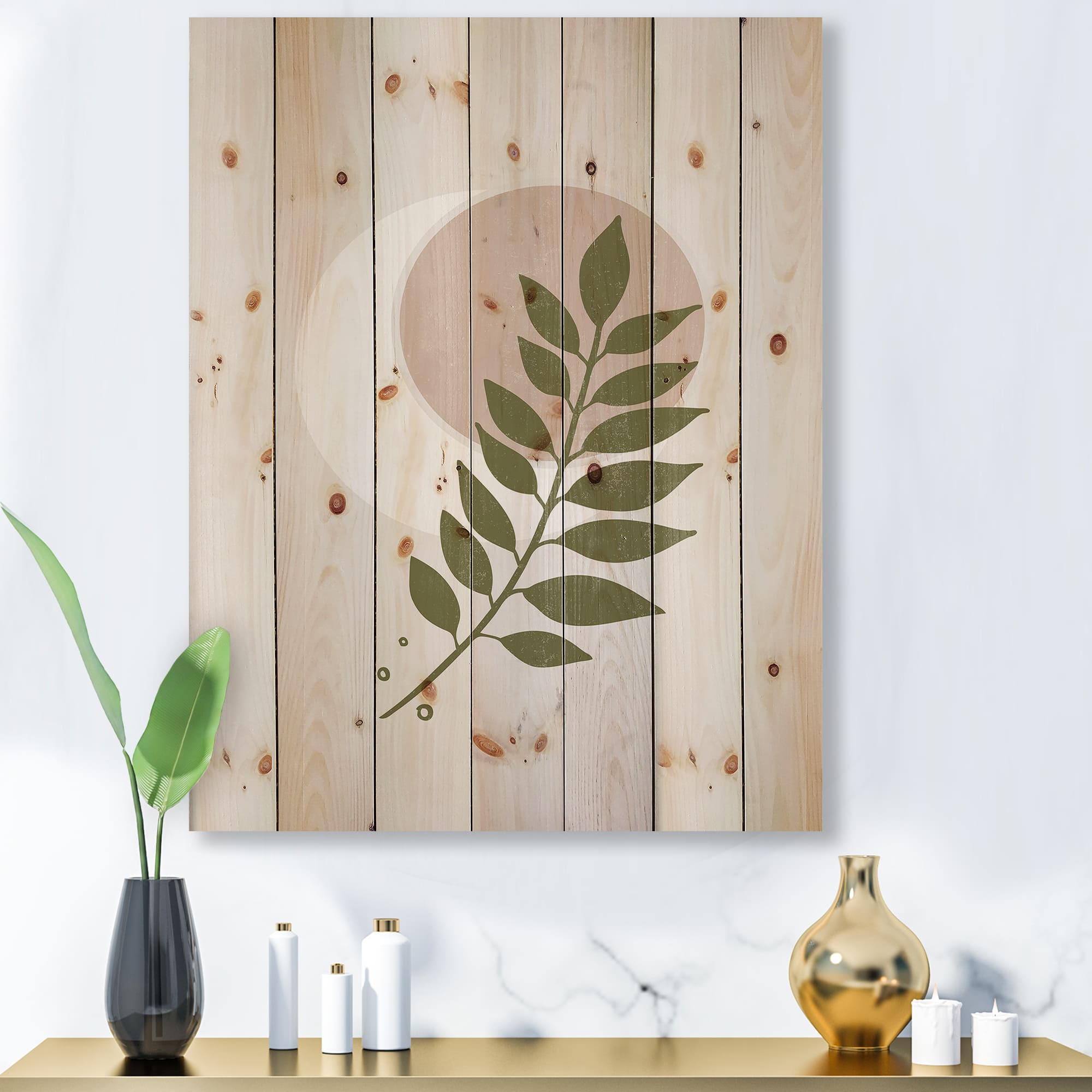 Designart - Abstract Geometrical Moon With Leaf IV - Modern Print on Natural Pine Wood