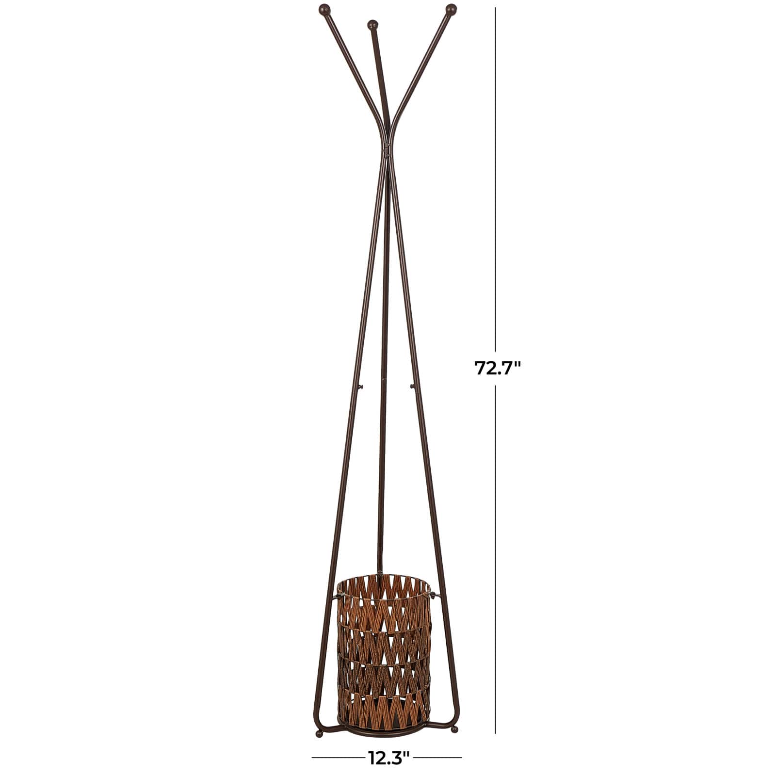 6ft. Brown Metal Geometric 3-Hanger Coat Rack with Basket