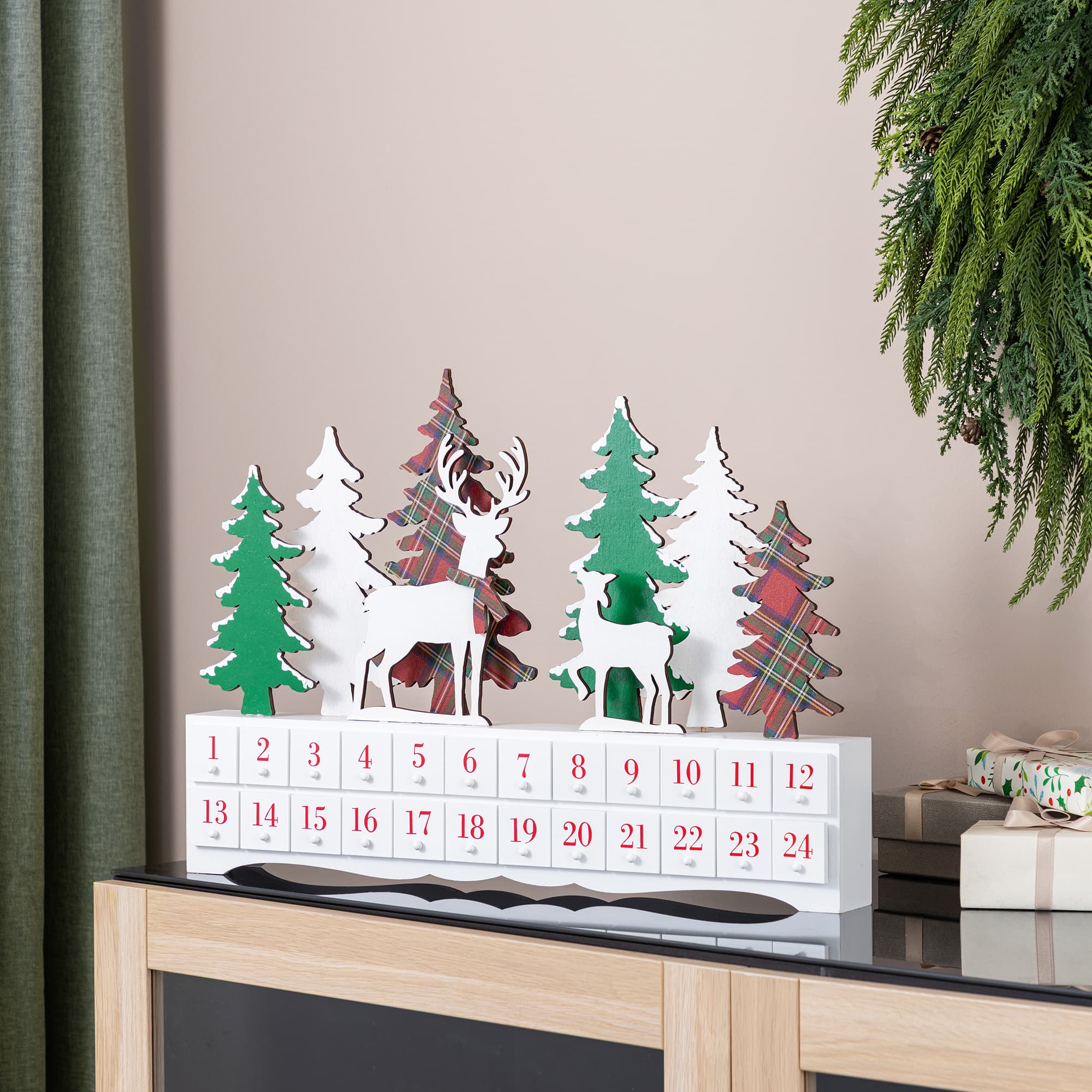 Glitzhome® 19.5" Wooden Christmas Tree & Reindeer Advent Calendar Decor