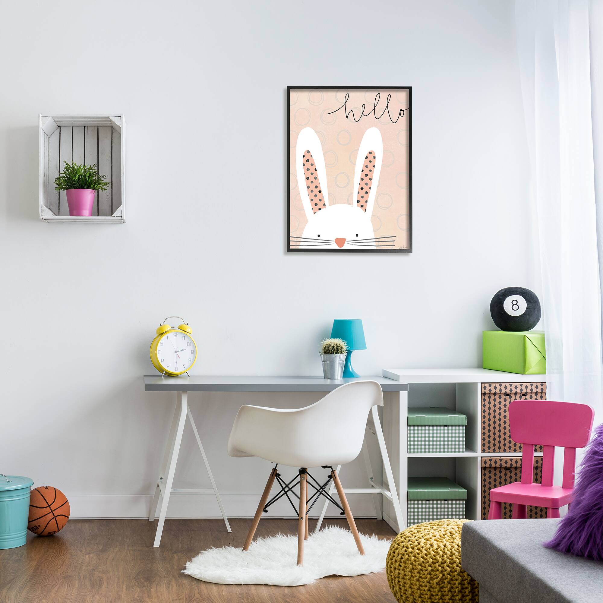 Stupell Industries Hello Bunny Phrase Baby Rabbit Polka Dot Patterns in Black Frame Wall Art
