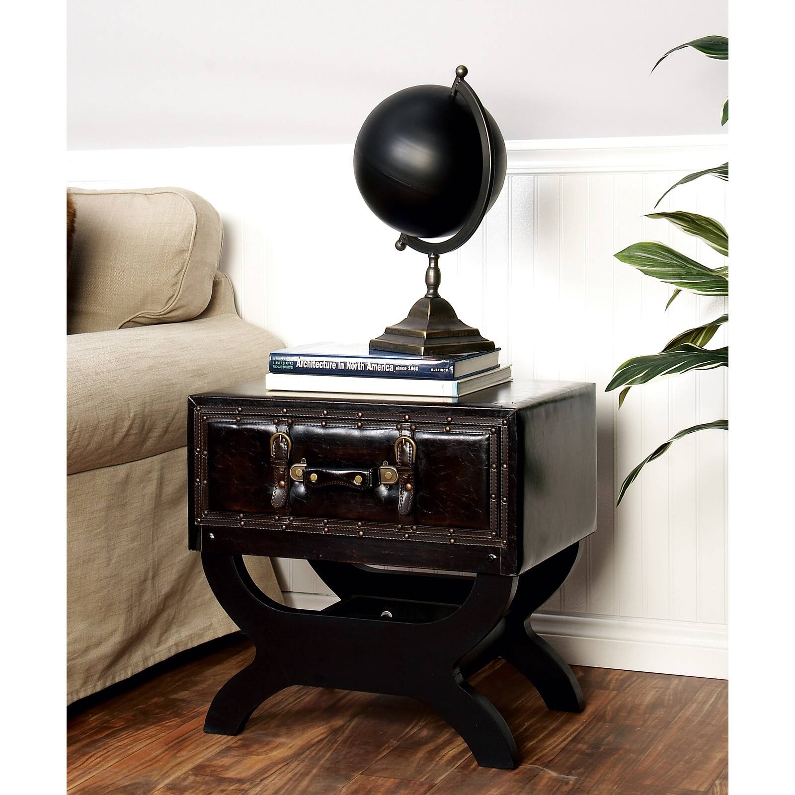 Brown Wood and Faux  Leather Traditional Accent Table, 22" x 22" x 16"
