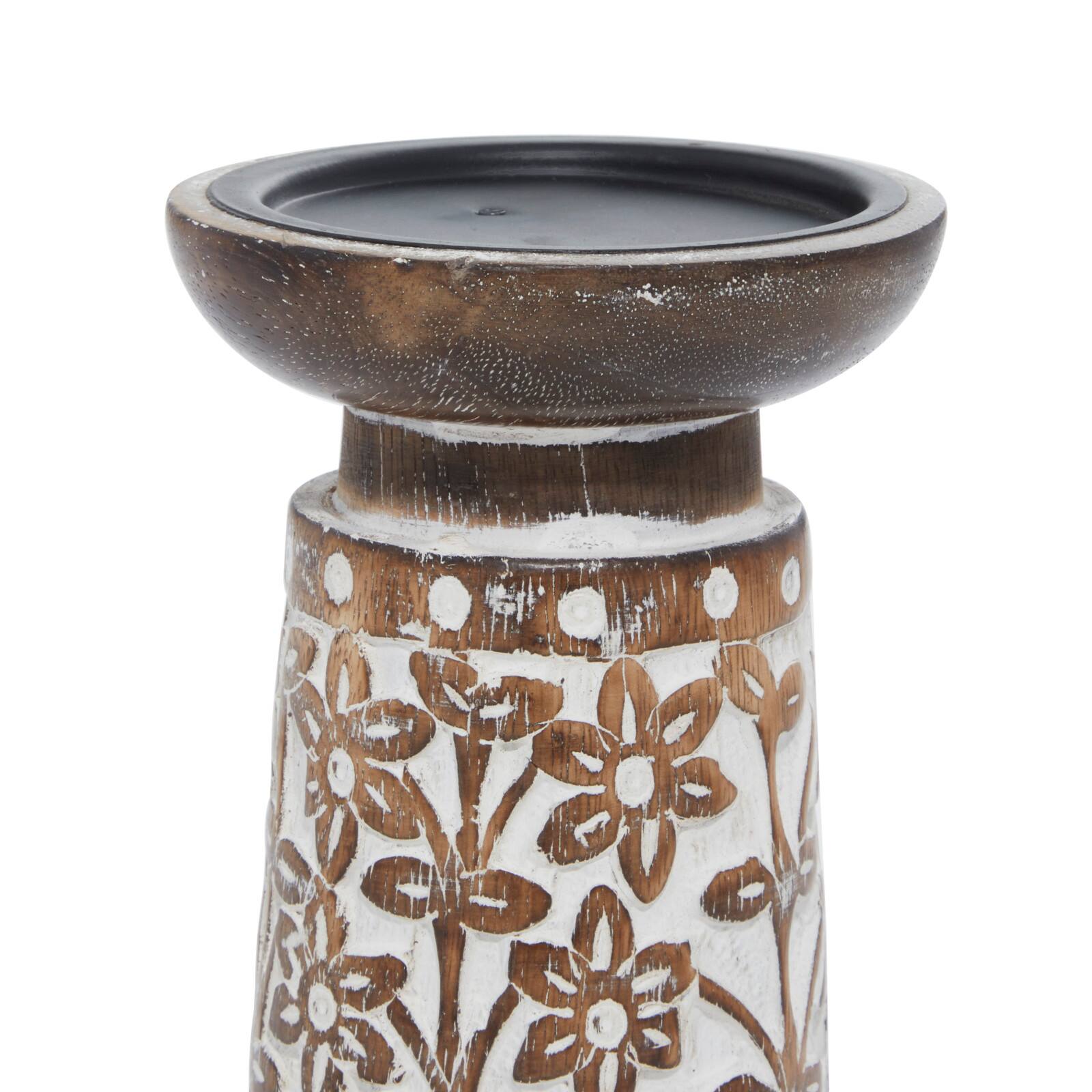 Brown & White Mango Wood Floral Candle Holder Set