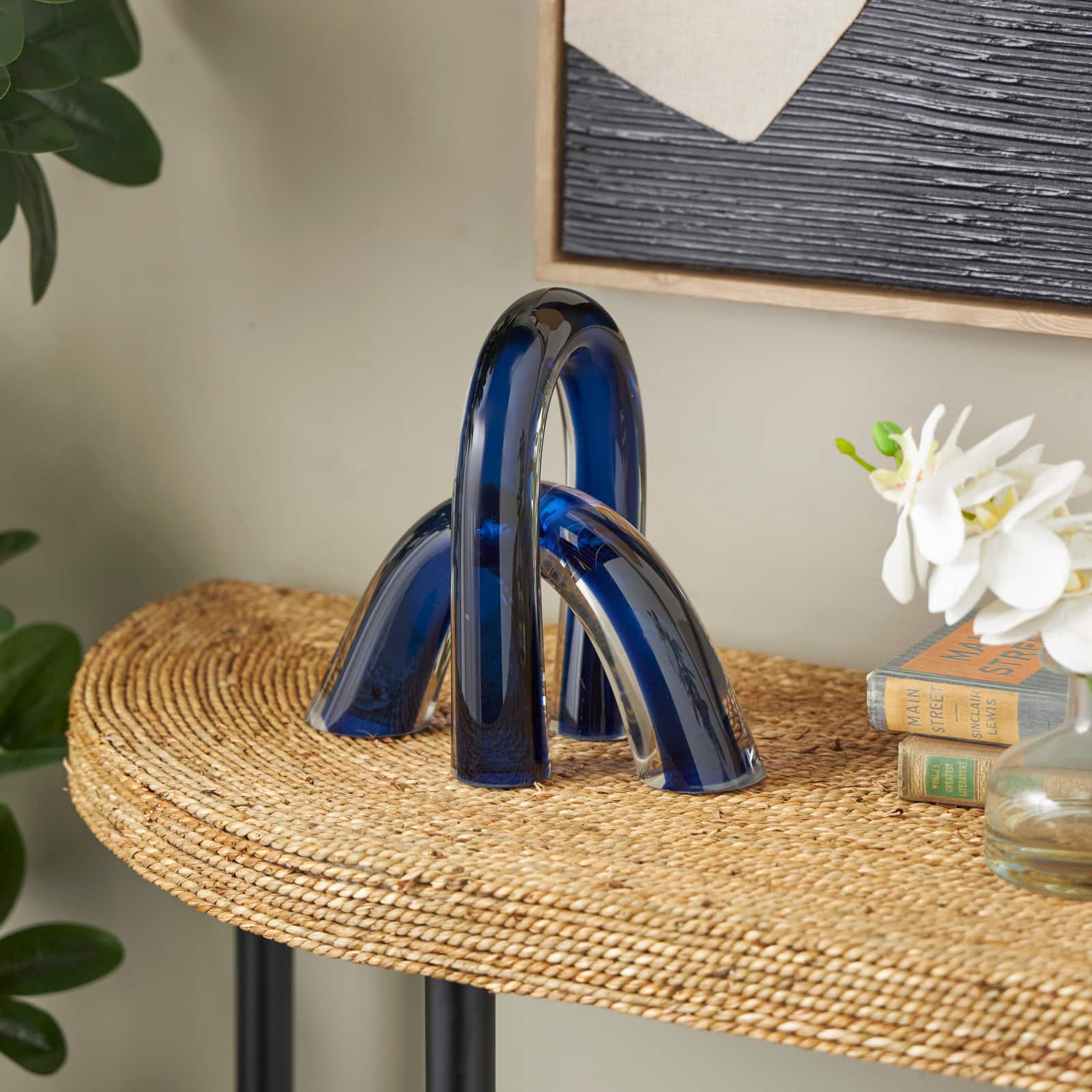 Blue Glass Abstract Arch Sculpture with Clear Accents Set