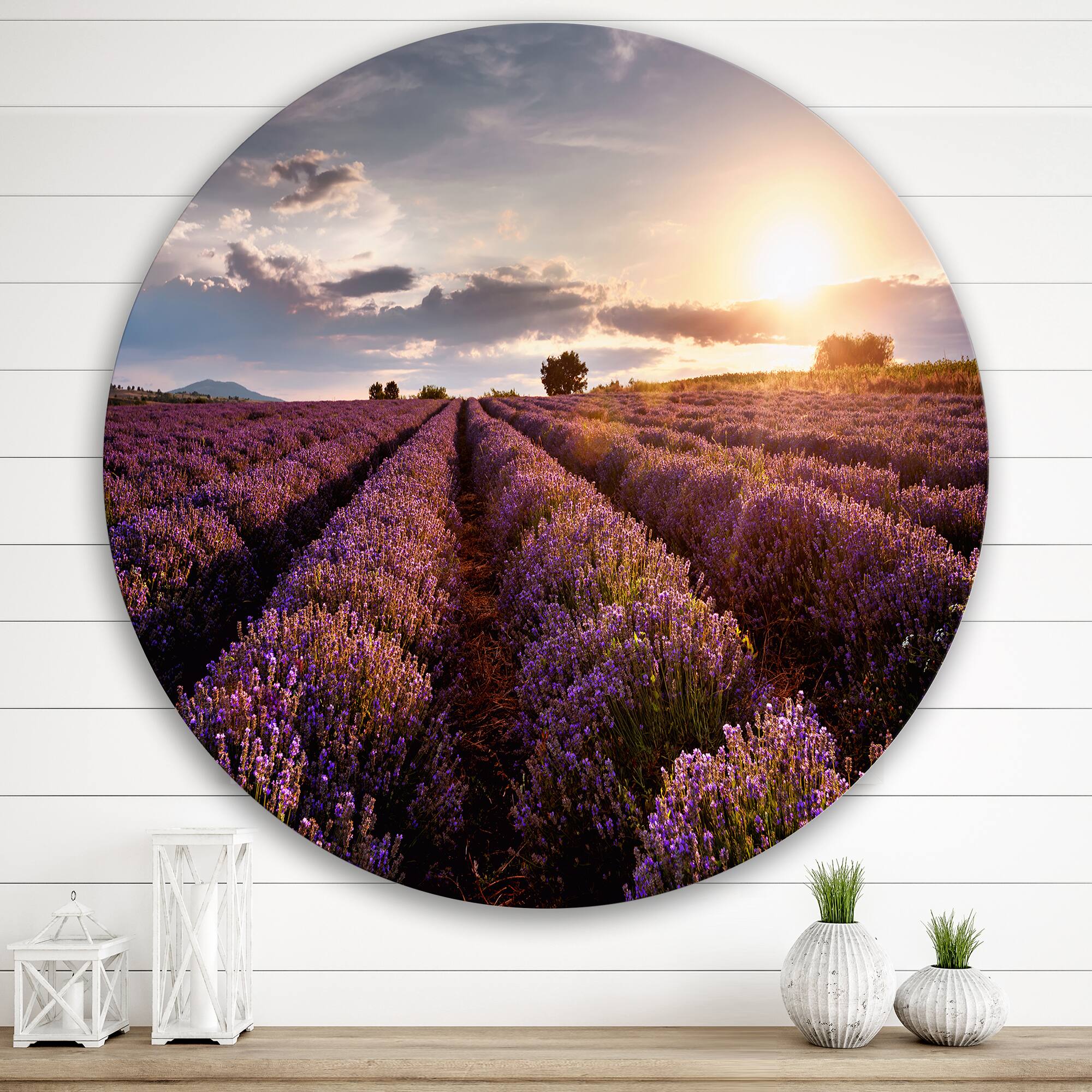 Designart - Sunrise & Dramatic Clouds Over Lavender Field V - Farmhouse Metal Circle Wall Art