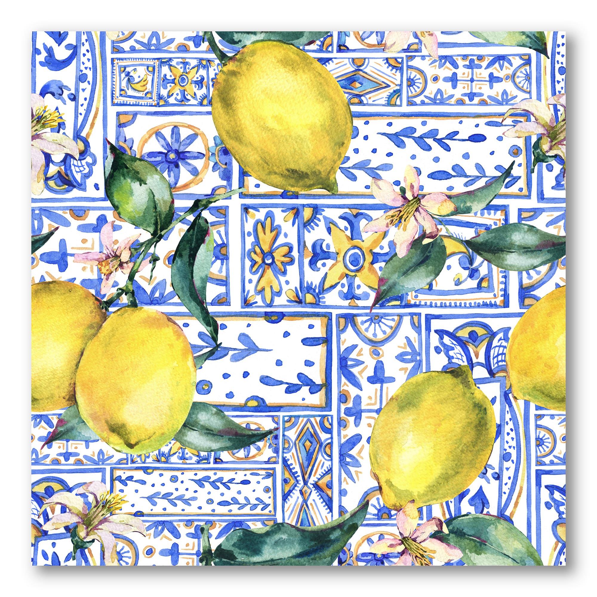 Designart - Lemon Ornament On Blue Geometrical Pattern I