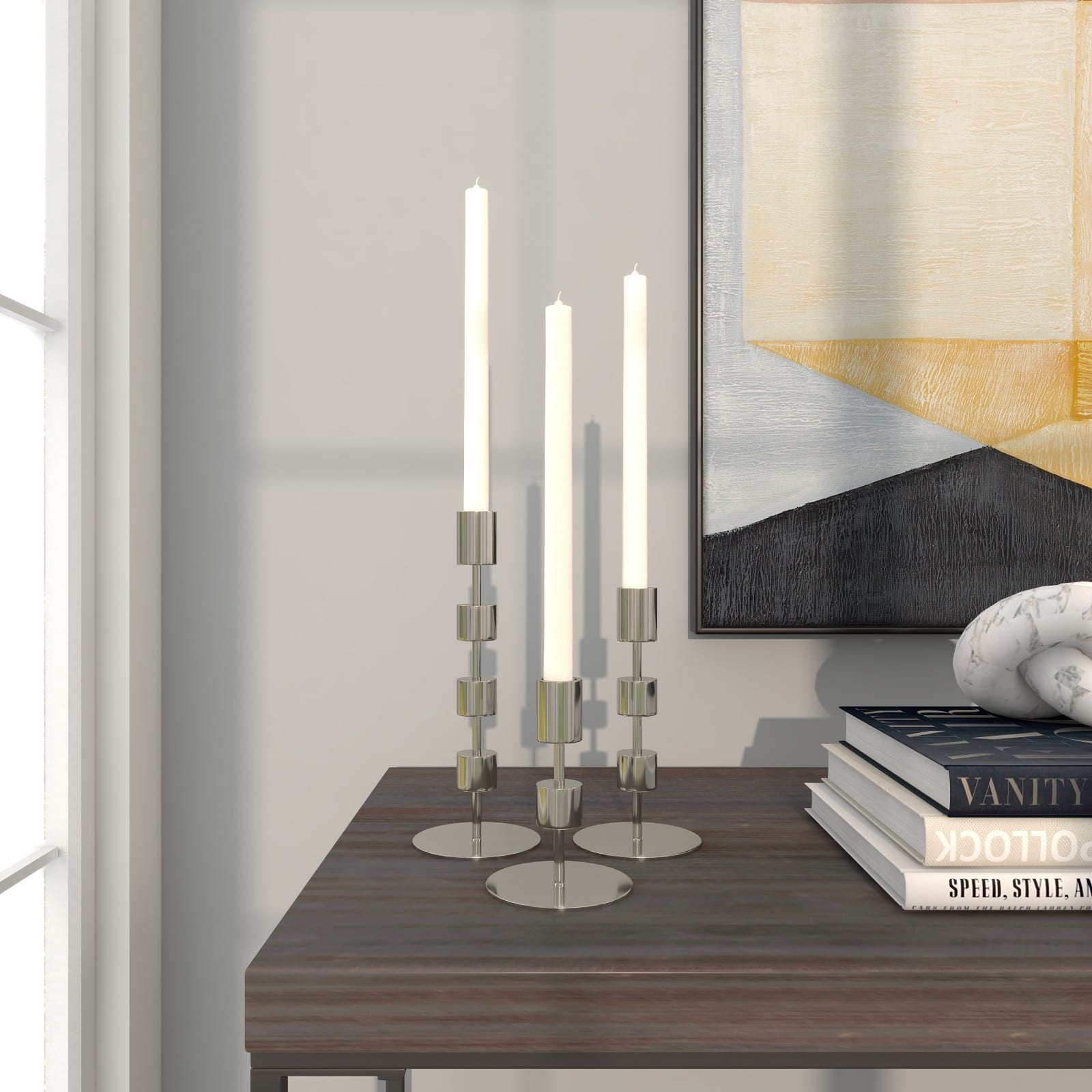 Silver Aluminum Floating Block Abstract Candle Holder with Rounded Base Set