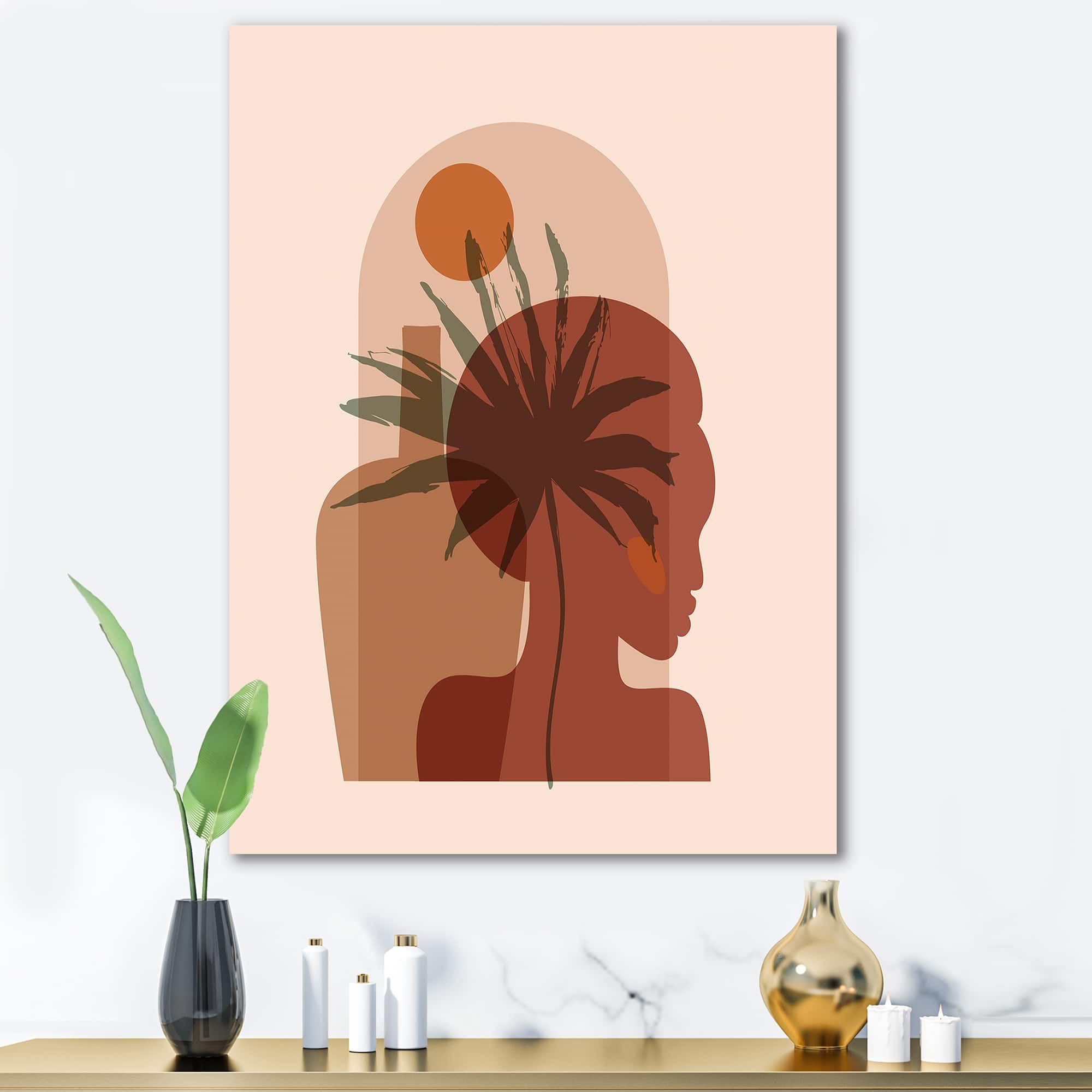 Designart - Abstract Tropical Palm Leaf & Pretty Girl Portrait - Modern Canvas Wall Art Print