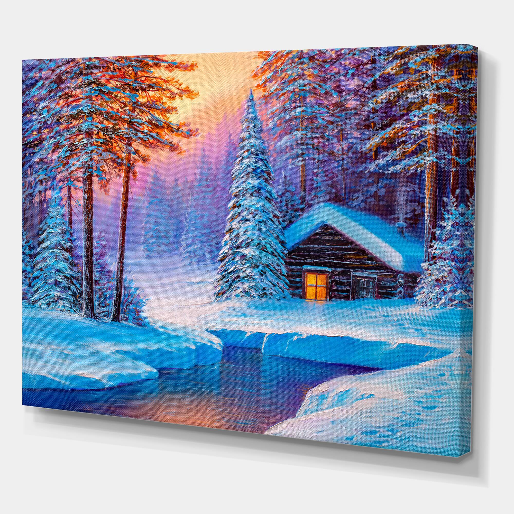 Designart - Old Cabin In Winter Forest I - Traditional Canvas Wall Art Print