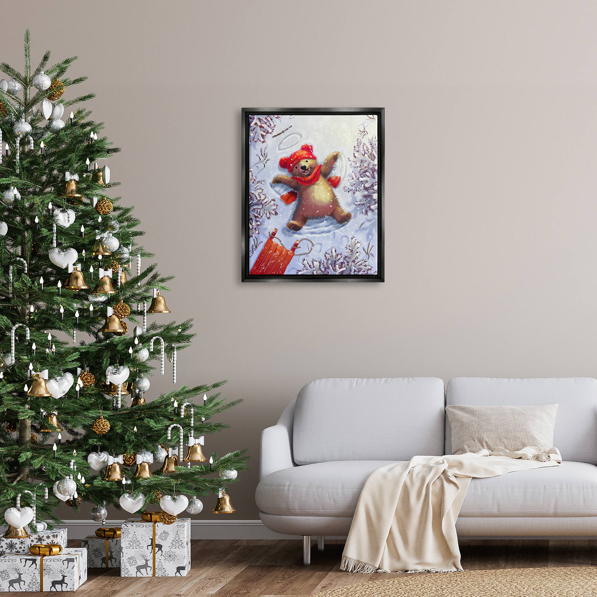 Stupell Industries Bear Cub Snow Angel Sled Framed Floater Canvas Wall Art
