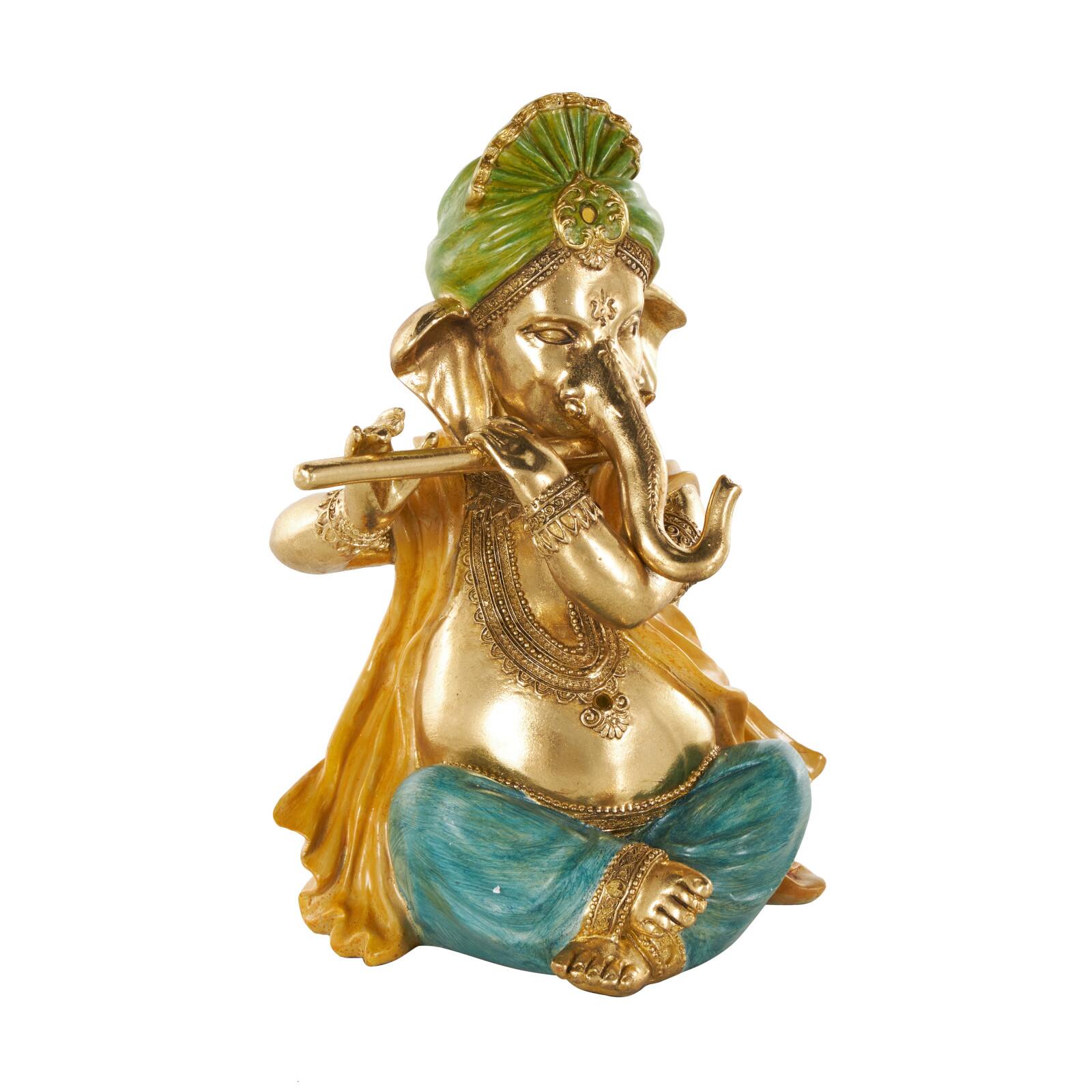 11" Gold Resin Ganesh Musician Decorative Sculpture
