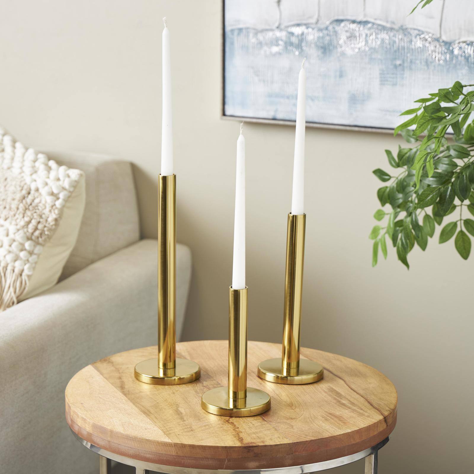 Gold Stainless Steel Metal Slim Minimalistic Candle Holder with Round Base Set