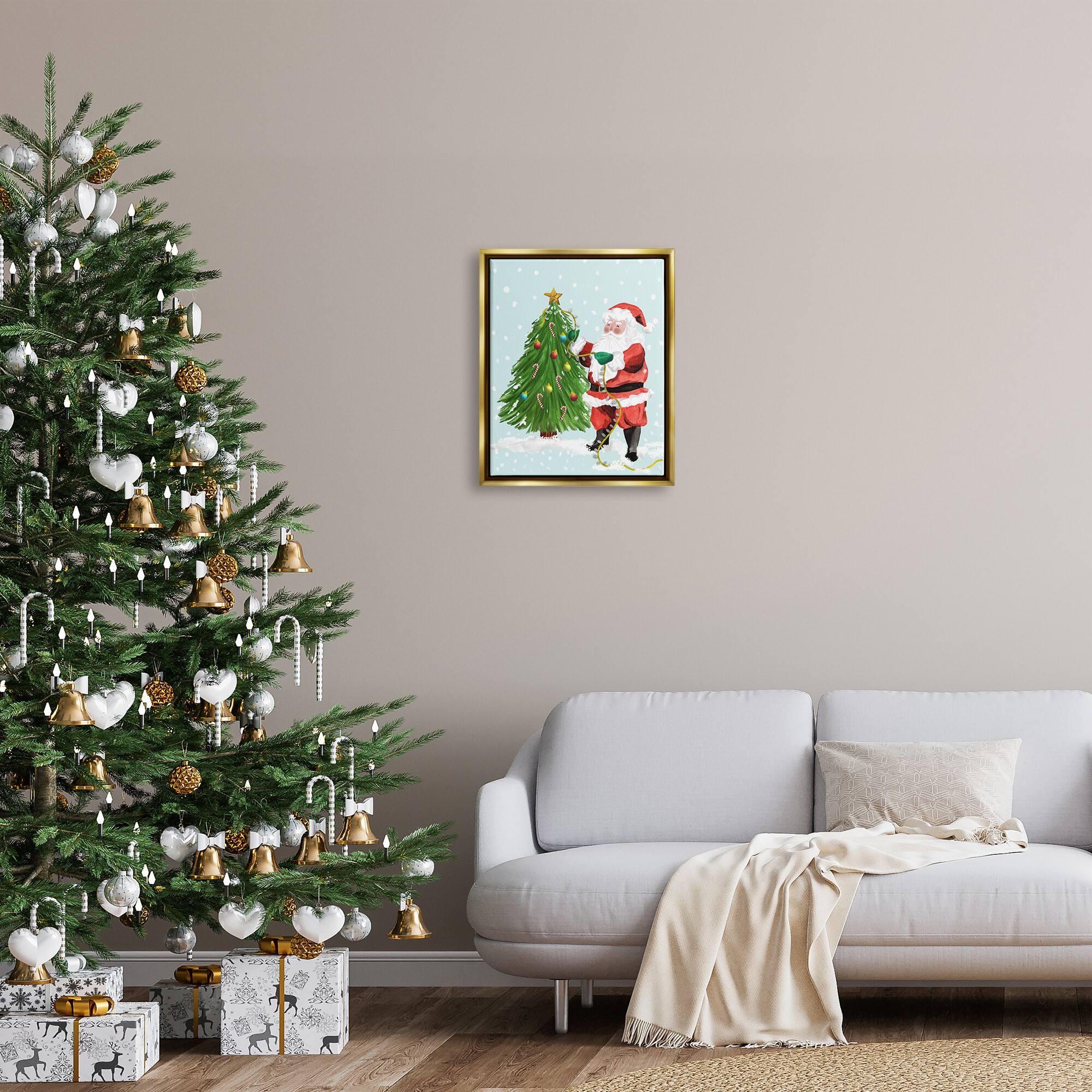 Stupell Industries Snowy Santa Claus Tree Scenery Framed Floater Canvas Wall Art