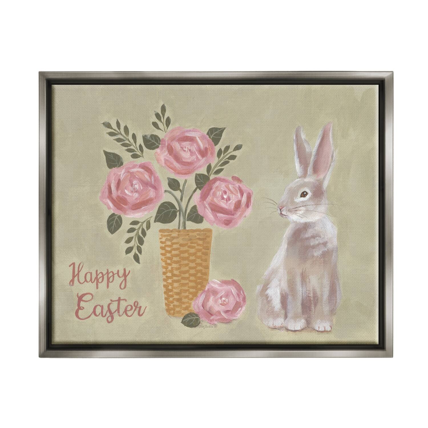 Stupell Industries Happy Easter Bunny Rose Bouquet Floater Framed Art