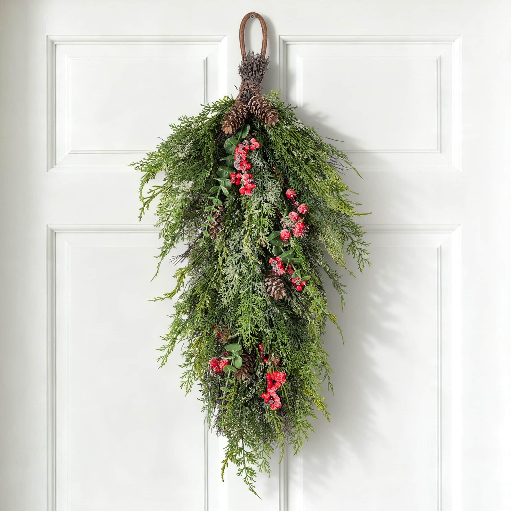 Glitzhome® 31.5" Christmas Greenery Frosted PE Teardrop with Pinecones & Red Berries