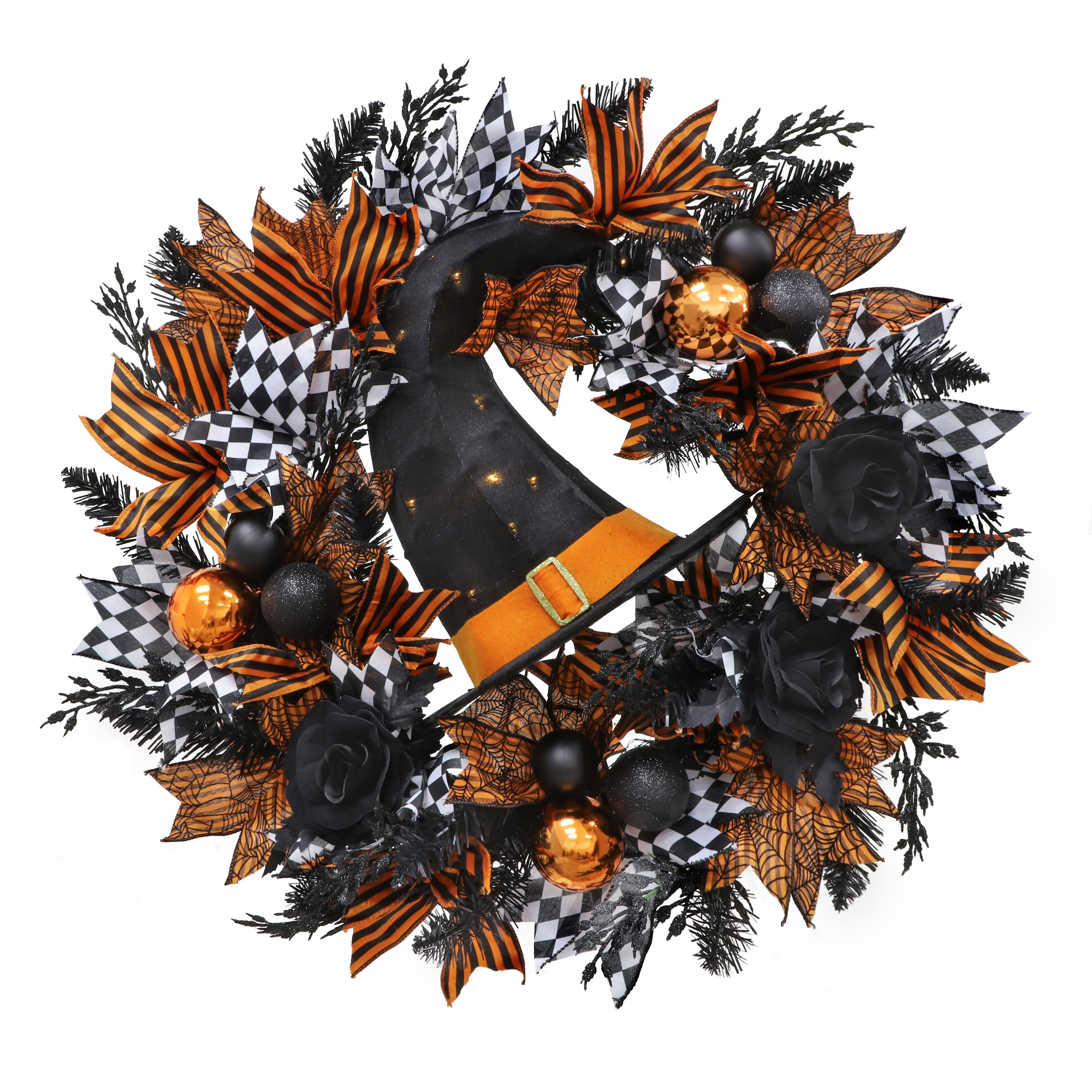 26" Black & Orange LED Witch Hat Wreath by Ashland®