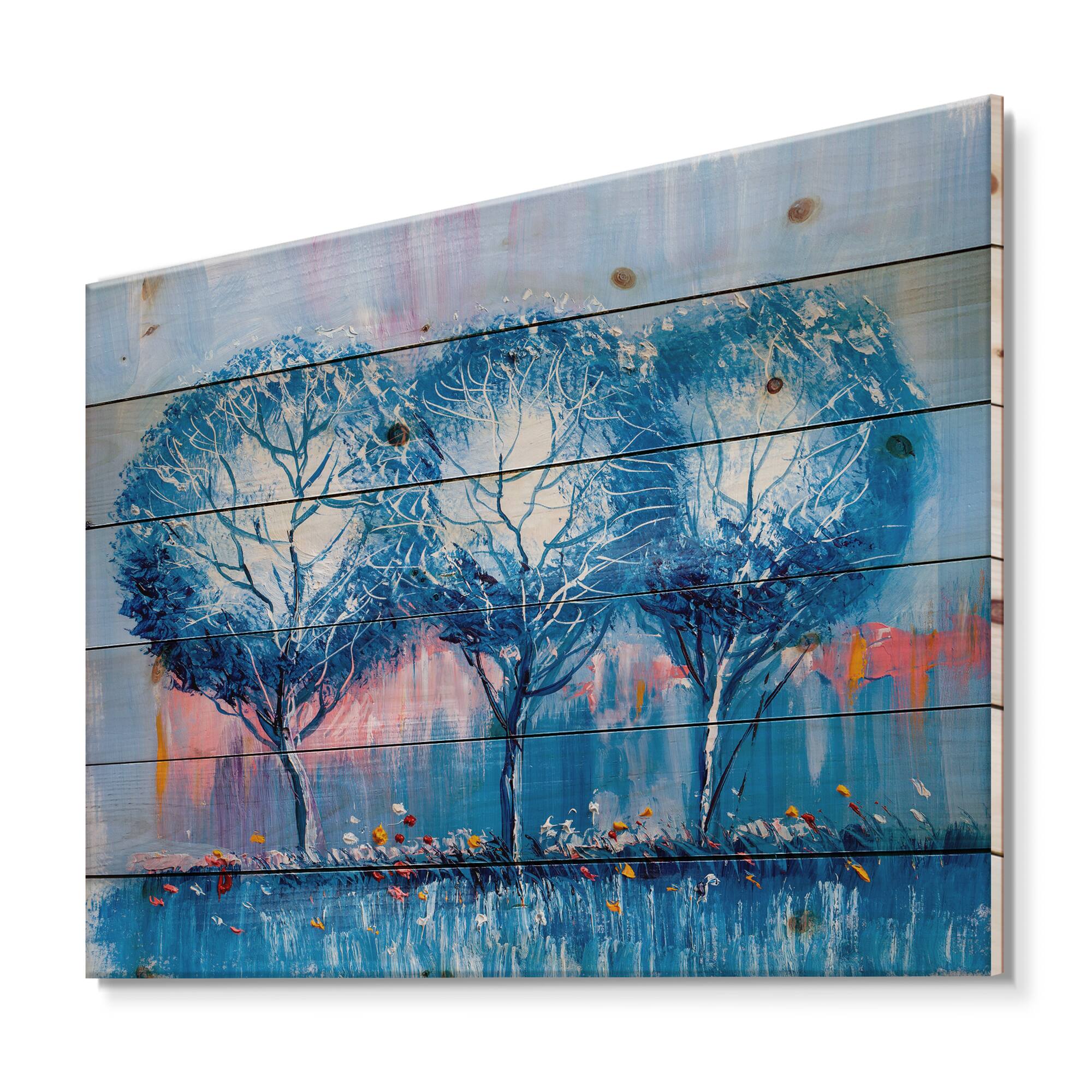 Designart - Colourful Trees Impressionist Landscape III - Modern Print on Natural Pine Wood