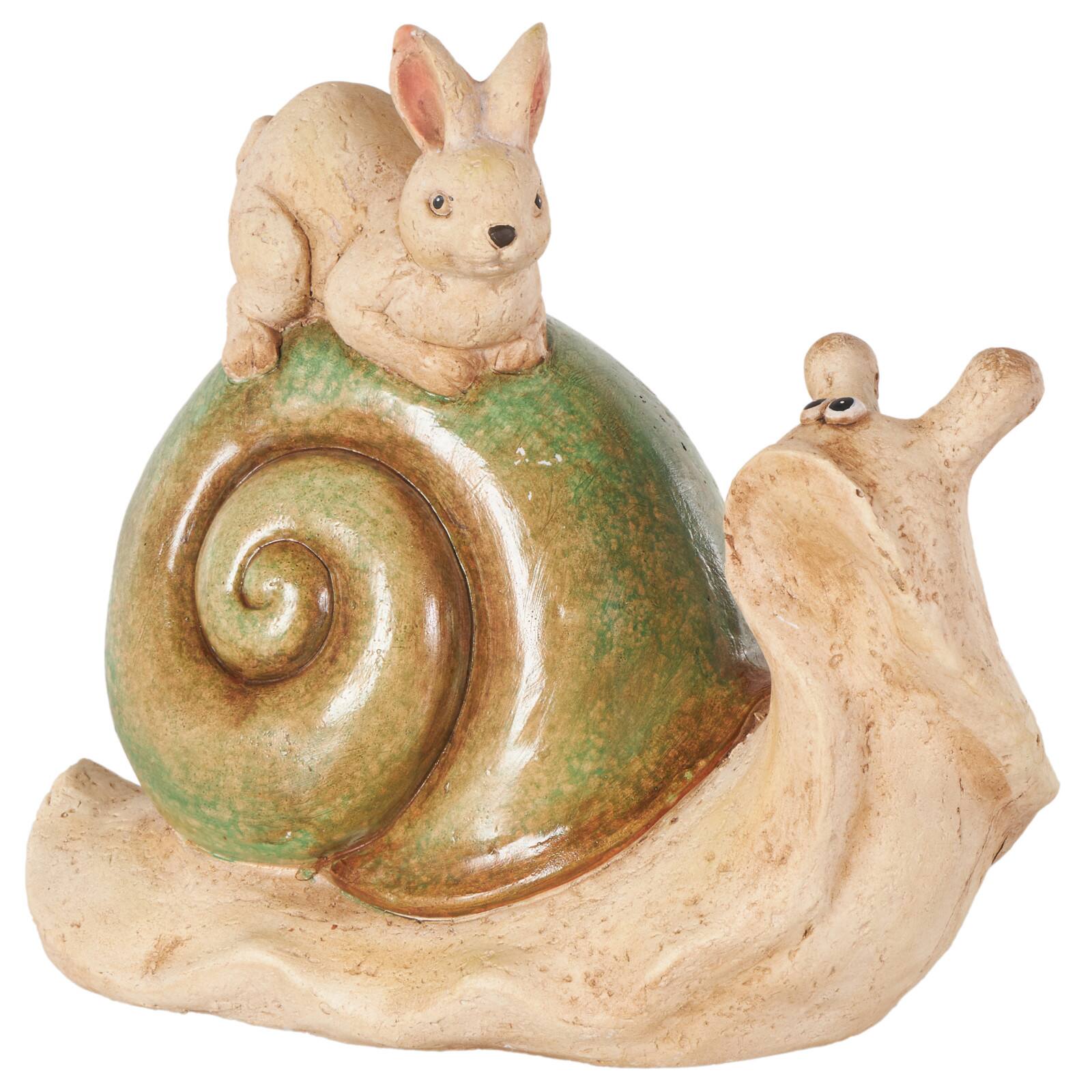 11.75" Cream & Green Magnesium Oxide Snail Garden Sculpture with Rabbit