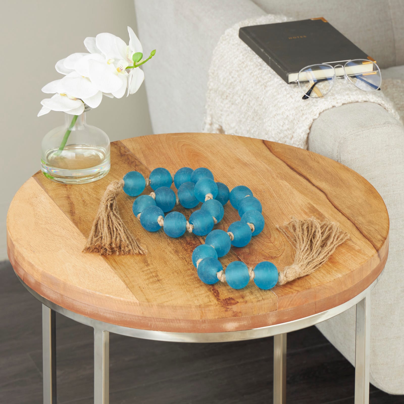 45" Handmade Round Frosted Glass Bead Garland with Tassels & Knotted Jute