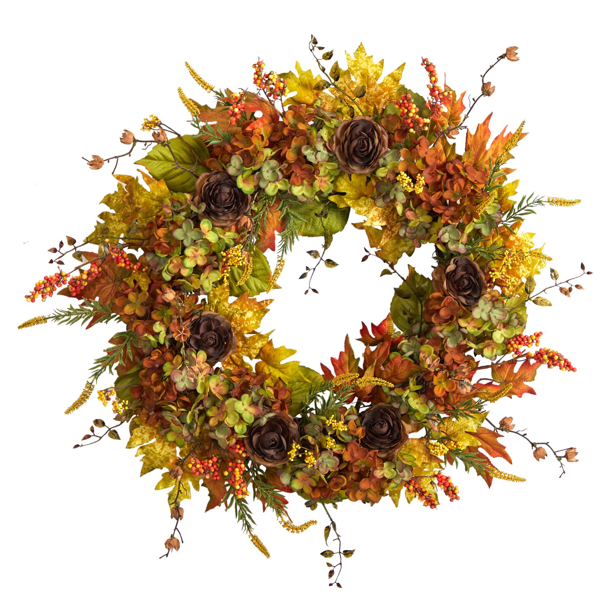 32" Hydrangea, Ranunculus & Maple Leaf Autumn Artificial Wreath