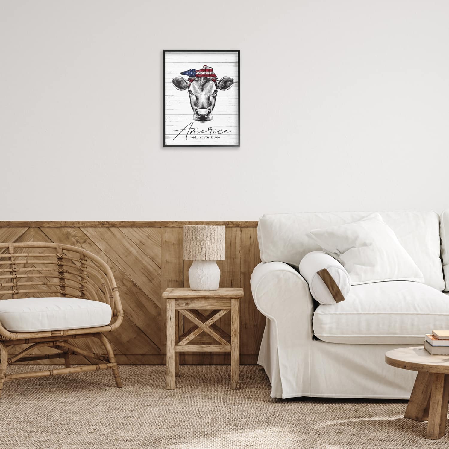 Stupell Industries Americana Cow Red White and Moo Country Farm Quote Framed Giclee Art