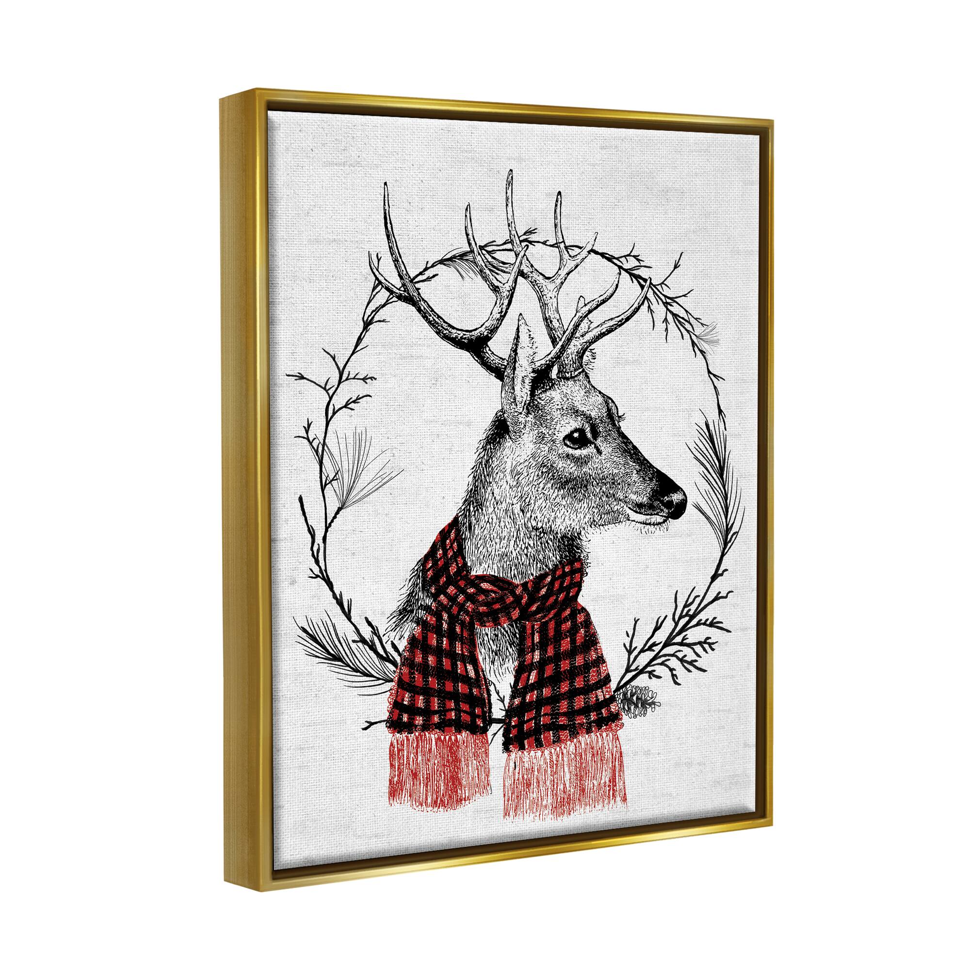 Stupell Industries Deer Winter Botanical Wreath Framed Floater Canvas Wall Art