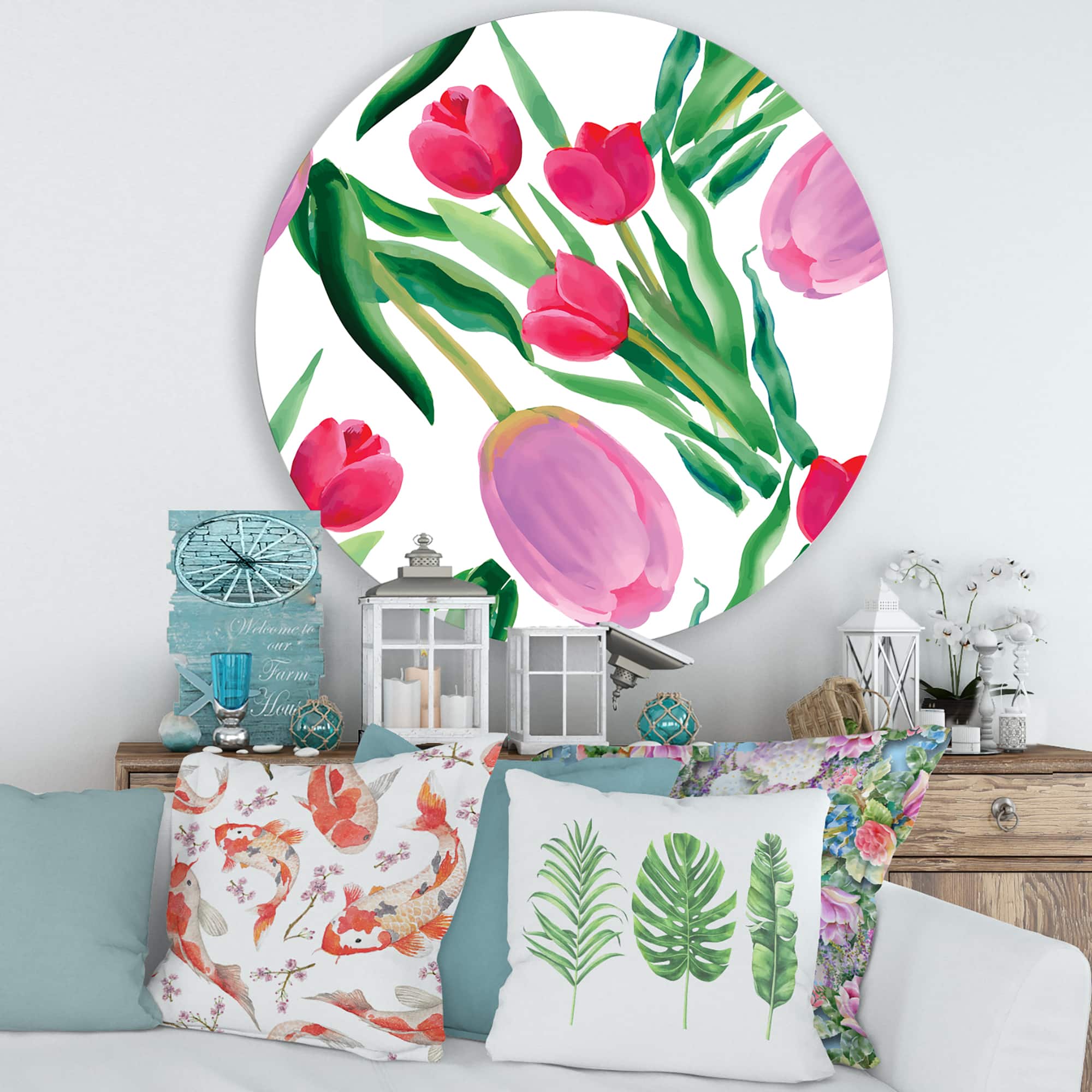Designart - Blooming Beautiful Pink Tulips Flowers - Traditional Metal Circle Wall Art