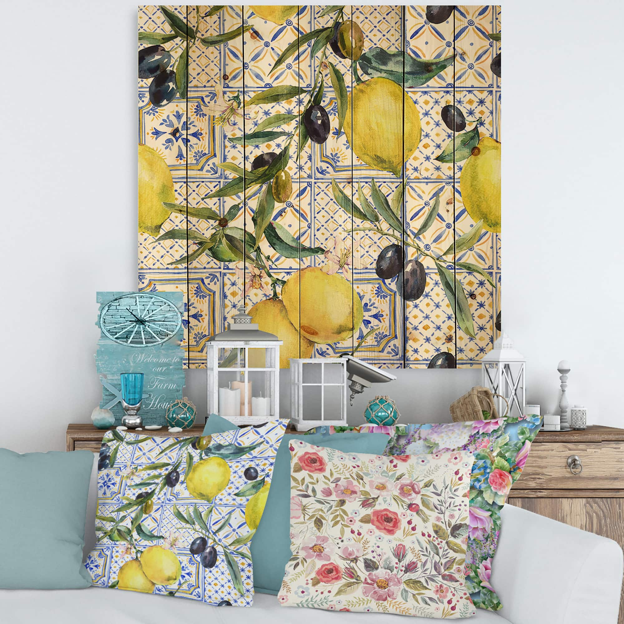 Designart - Lemon Ornament On Blue Geometrical Pattern III