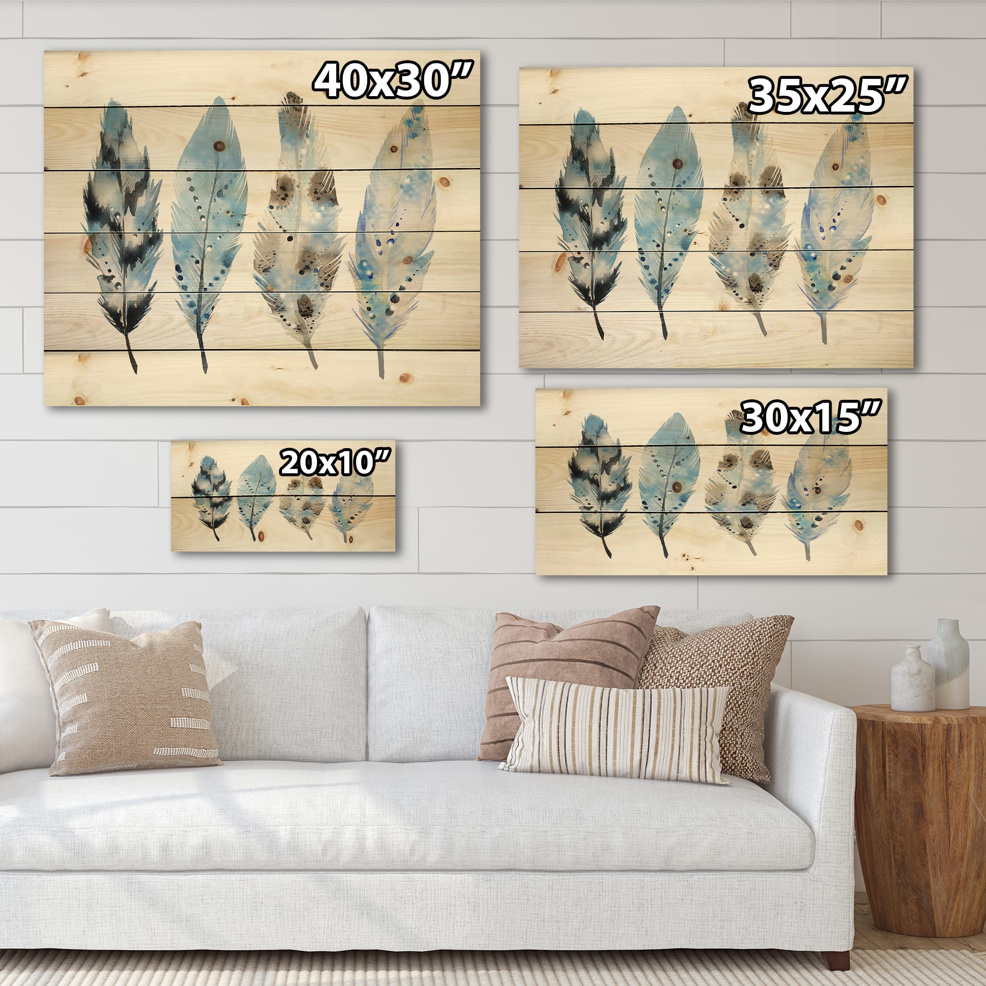 Designart - Blue Boho Feathers I - Bohemian & Eclectic Print on Natural Pine Wood