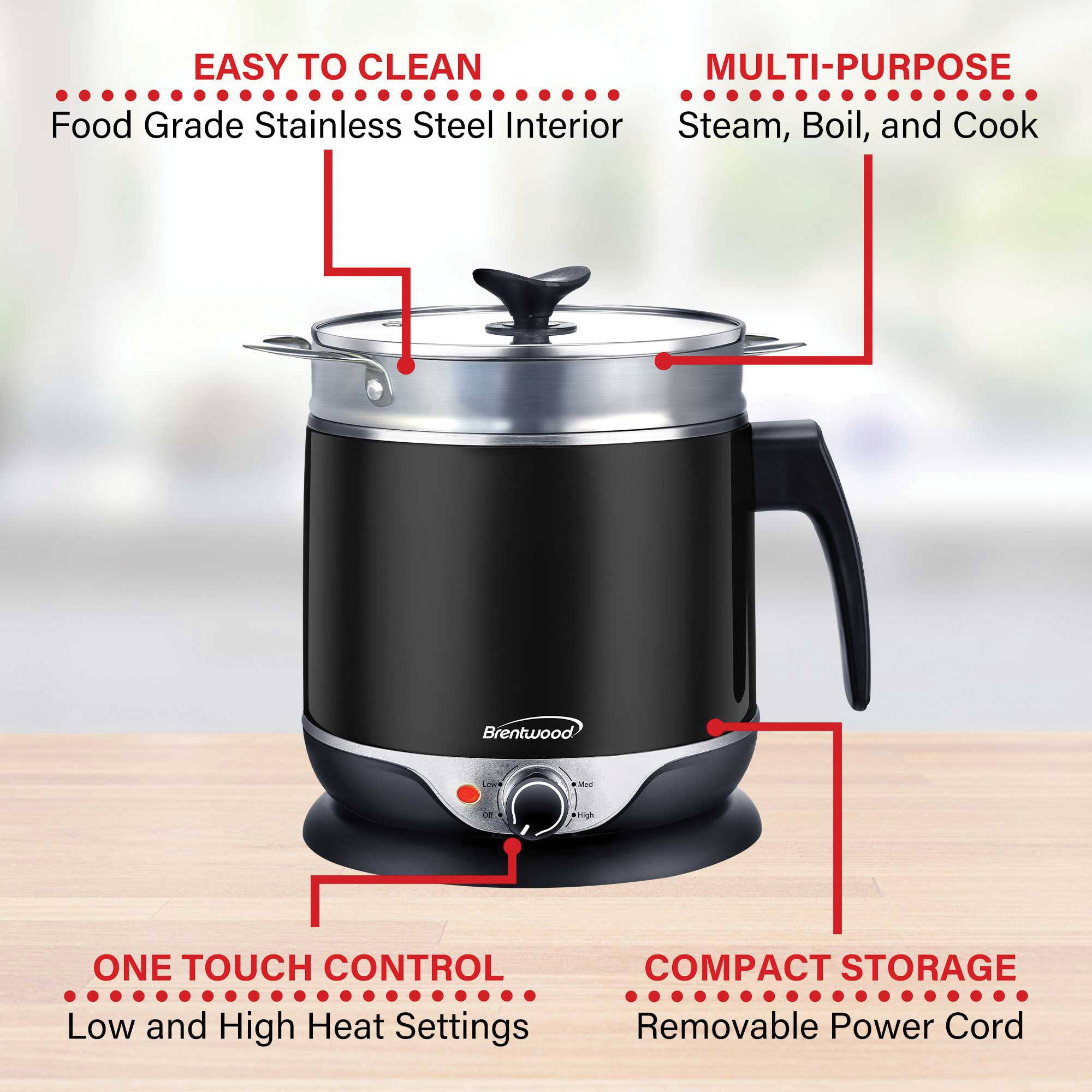 Brentwood 1.9qt. 600-Watt Stainless Steel Cordless Electric Hot Pot Cooker & Food Steamer With Swivel Base