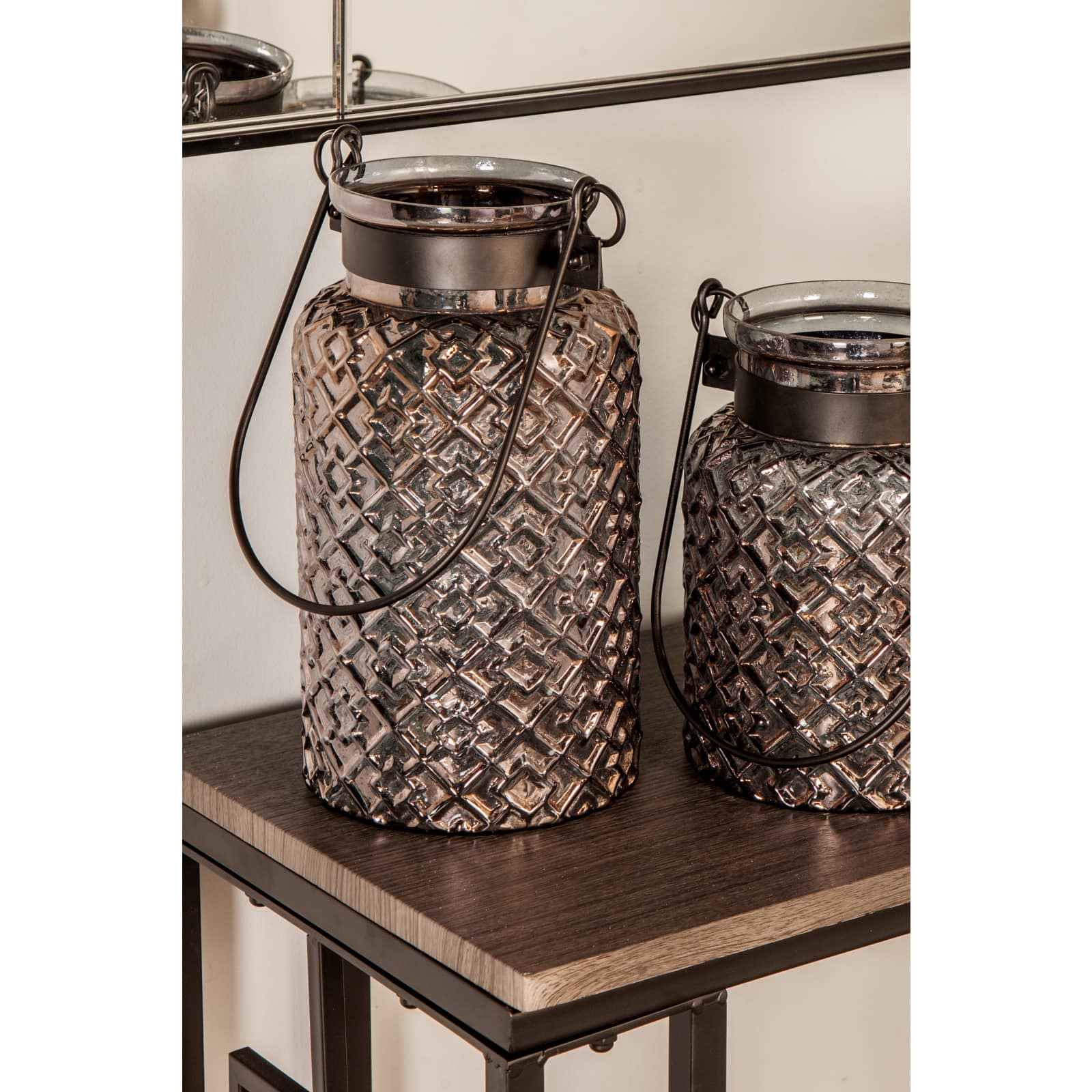 12" Black Glass Textured Candle Lantern