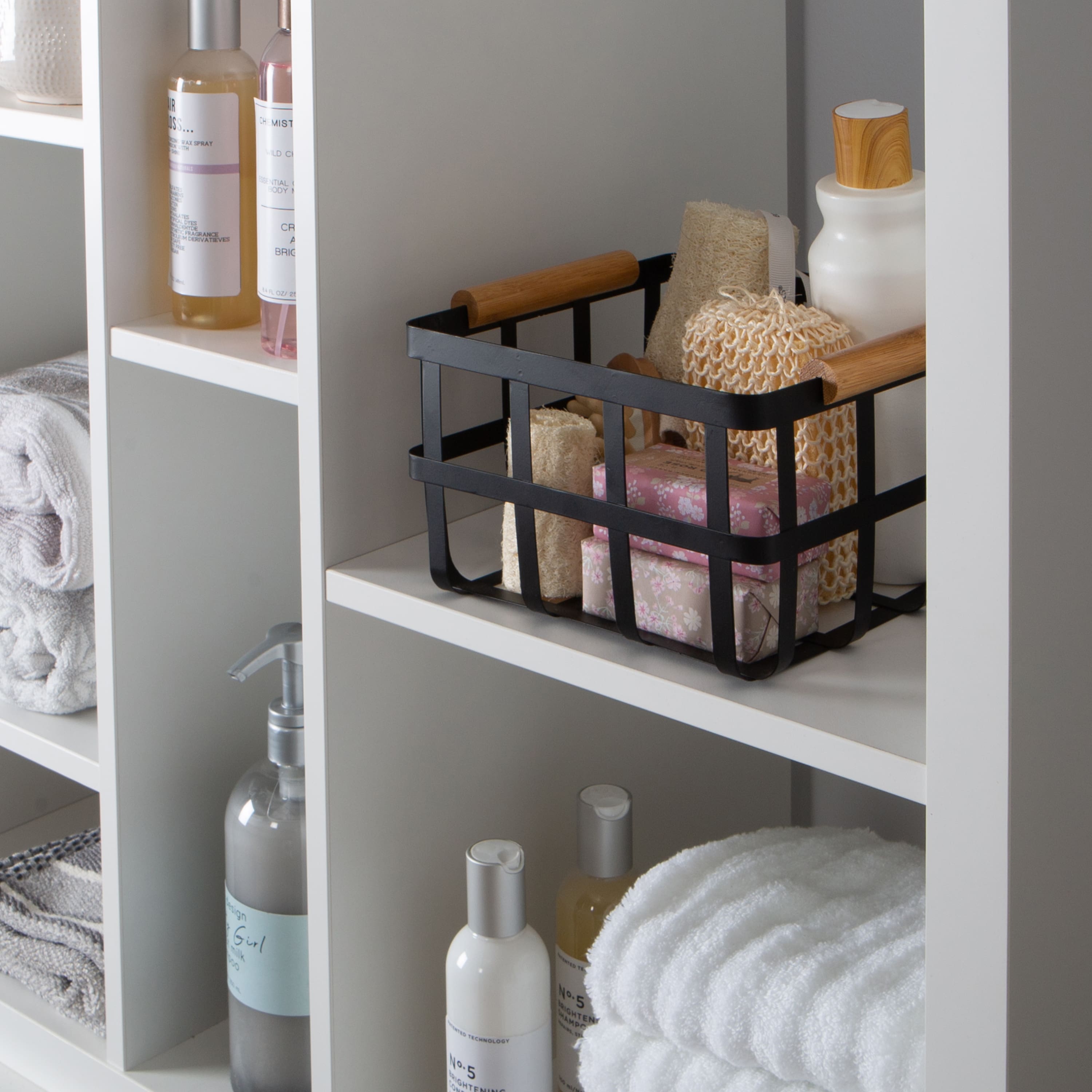 Simplify Small Square Black Metal Basket with Bamboo Handles