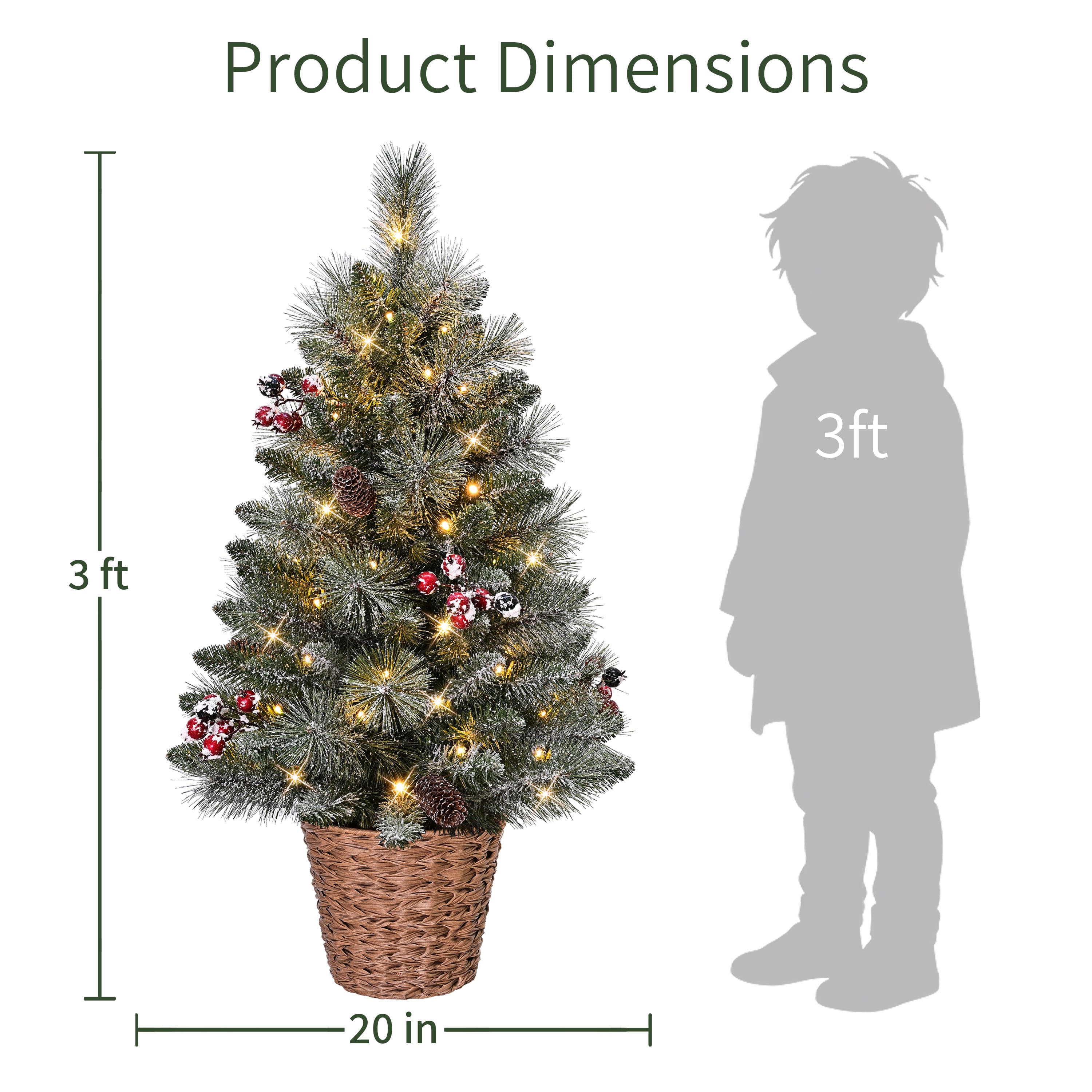 Puleo 3ft. Pre-Lit Snowy Pine, Pinecones & Berries Artificial Christmas Tree in Baskets, Warm White LED Lights