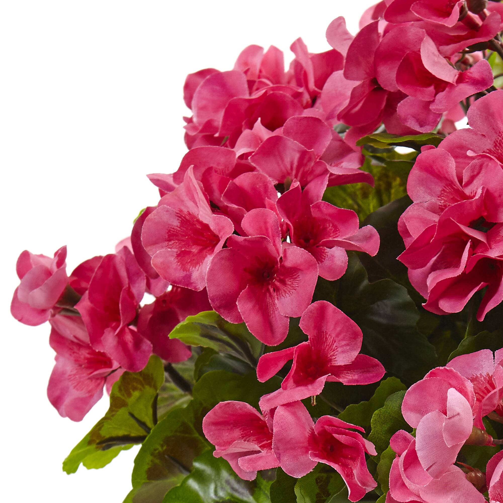 18.5" Pink UV Resistant Geranium Arrangement with White Metal Planter