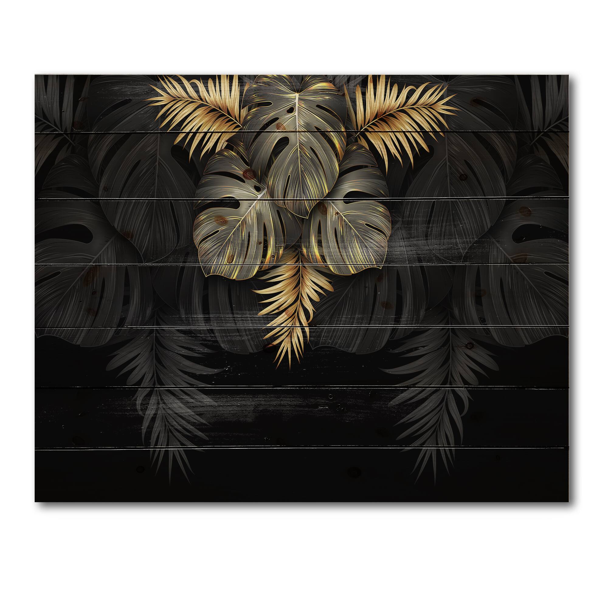 Designart - Black and Gold Tropical Leaves IV - Modern Print on Natural Pine Wood