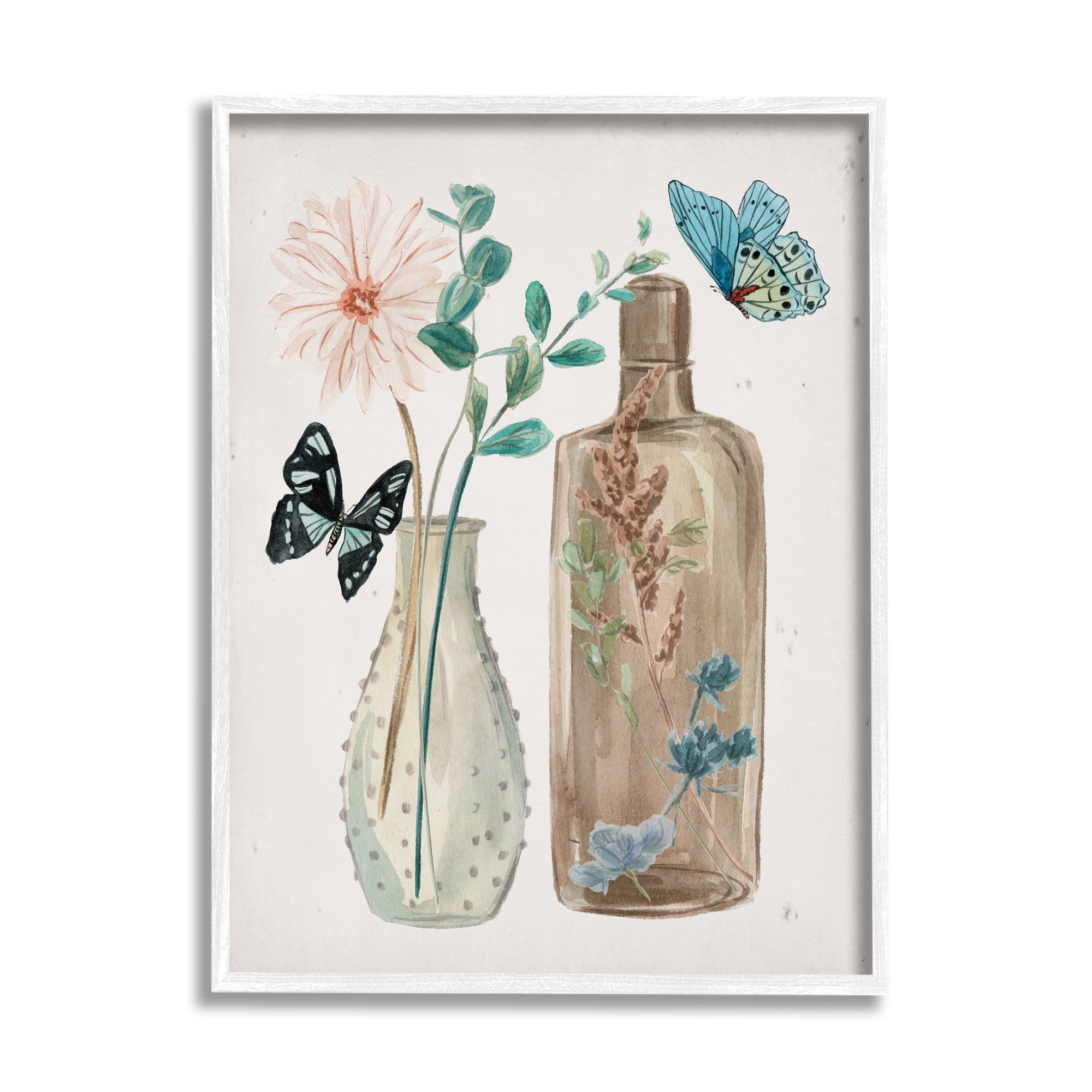 Stupell Industries Butterfly Blooming Floral Jars Tranquil Flower Still-Life in White Frame Wall Art
