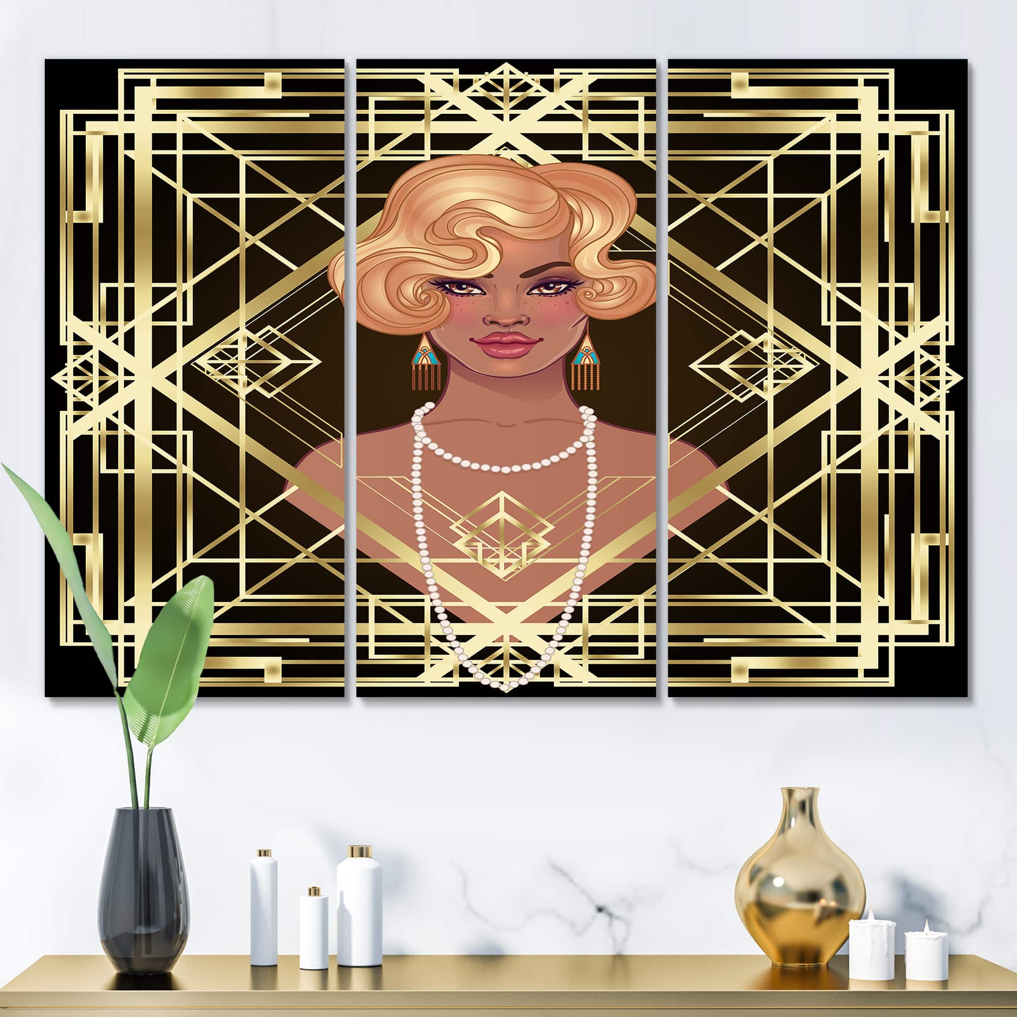 Designart - Retro Women In Golden Art Deco Geometrics III - Modern Canvas Wall Art Print
