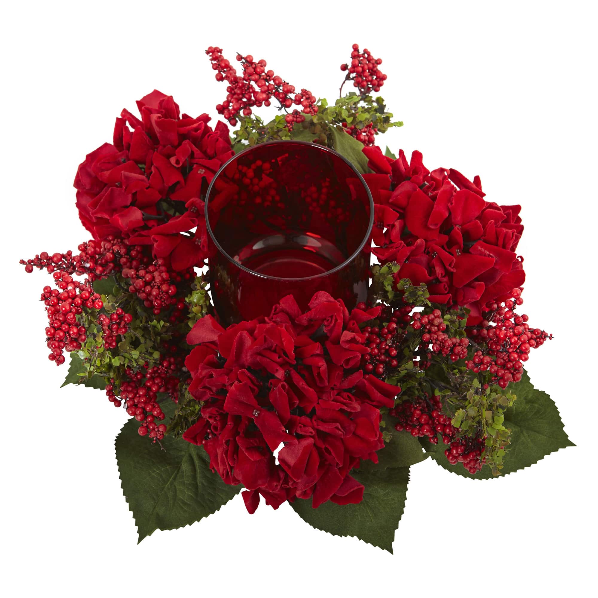 6" Red Hydrangea & Berry Candelabrum