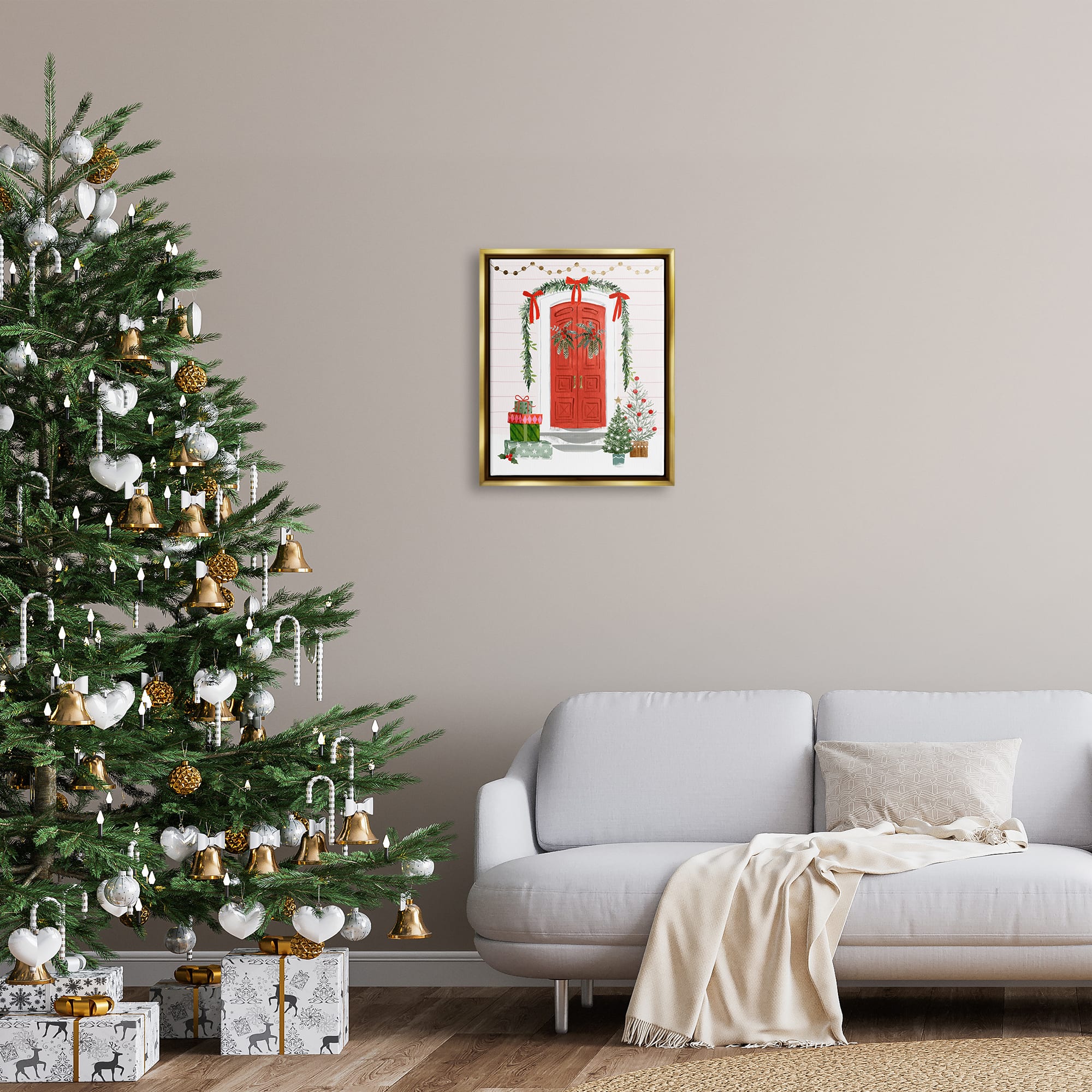 Stupell Industries Red Jolly Christmas Doorway Gold Framed Floater Canvas Wall Art